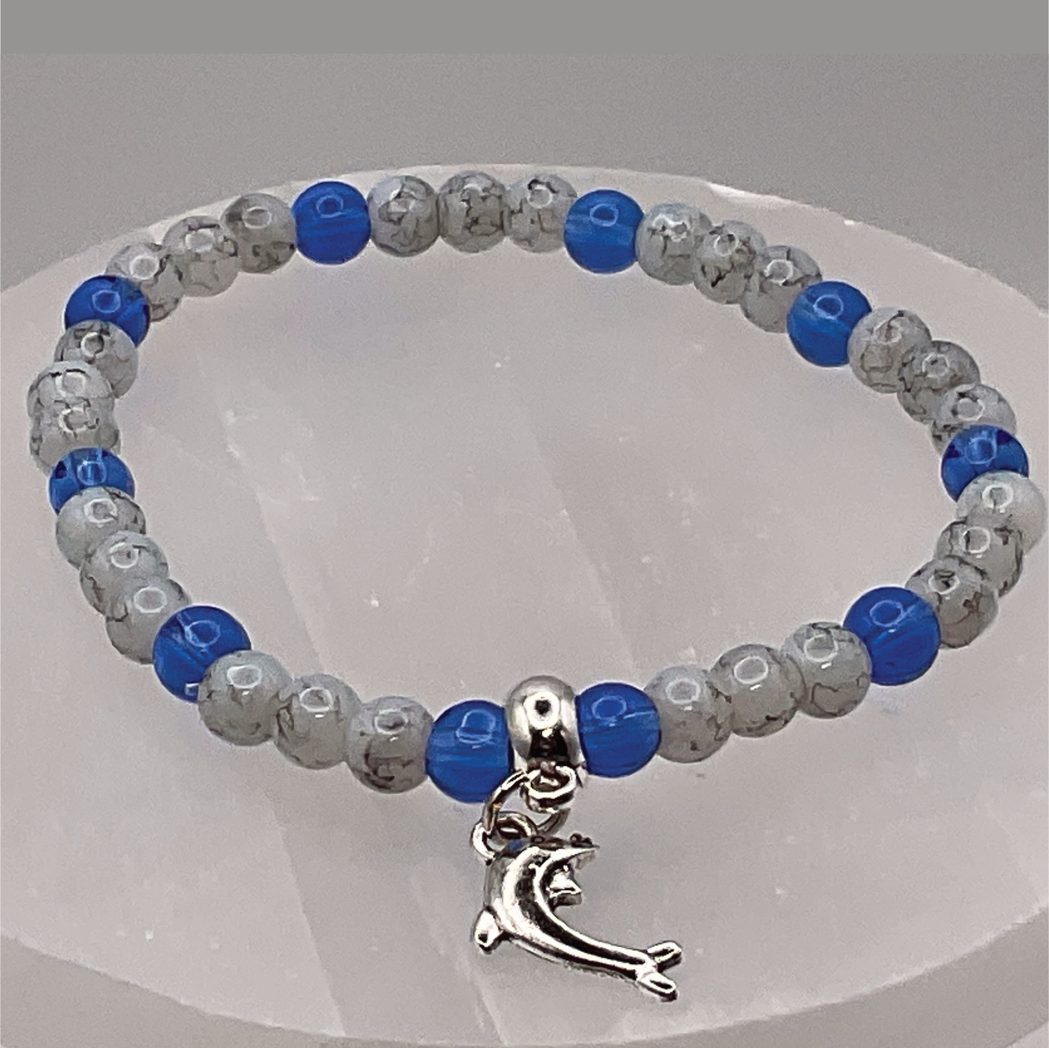 Blue Sea Glass Opalite Dolphin Charm Bracelet