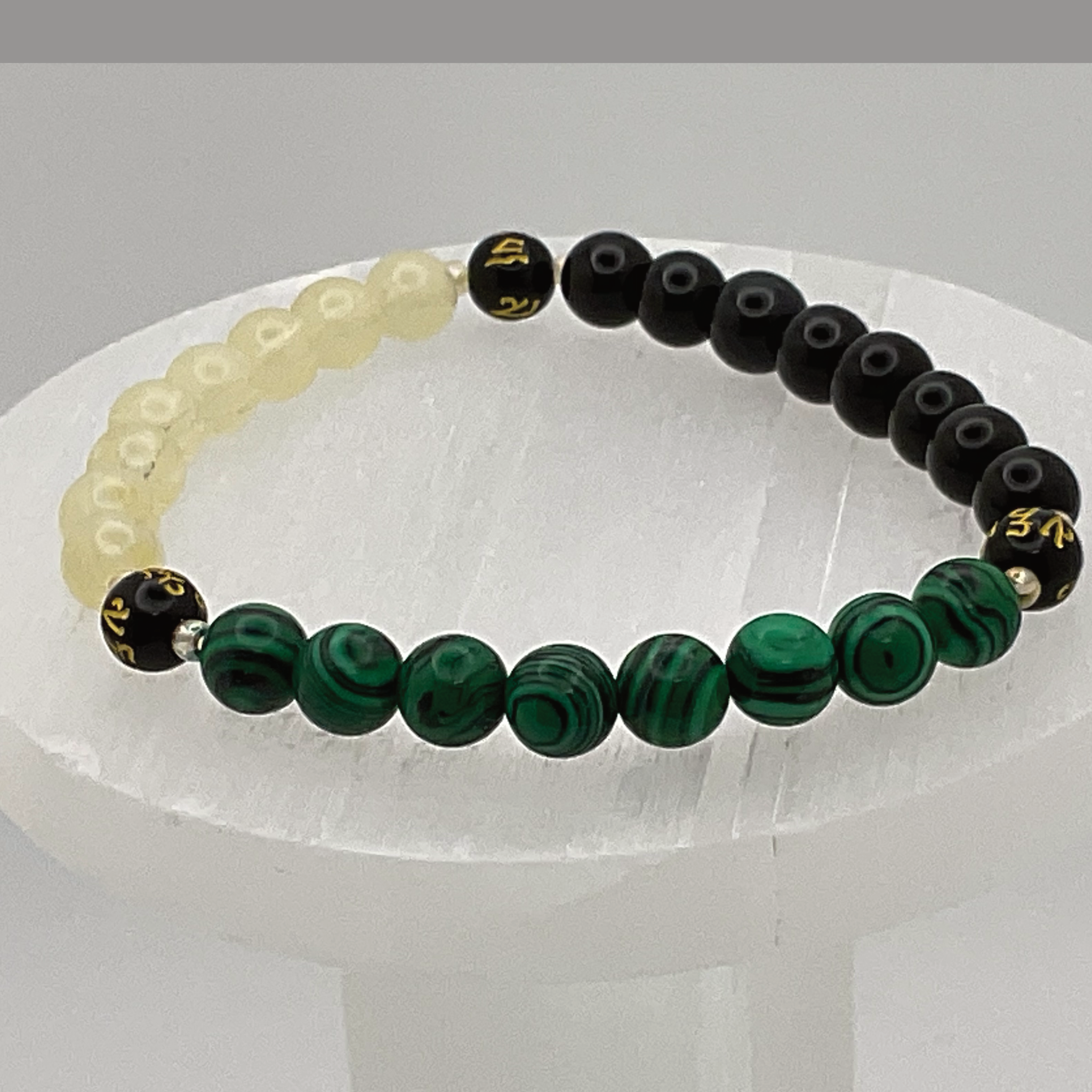 Pulsera Pixiu de Prehnita, Ágata Negra, Malaquita y Citrino con Espaciadores de Plata