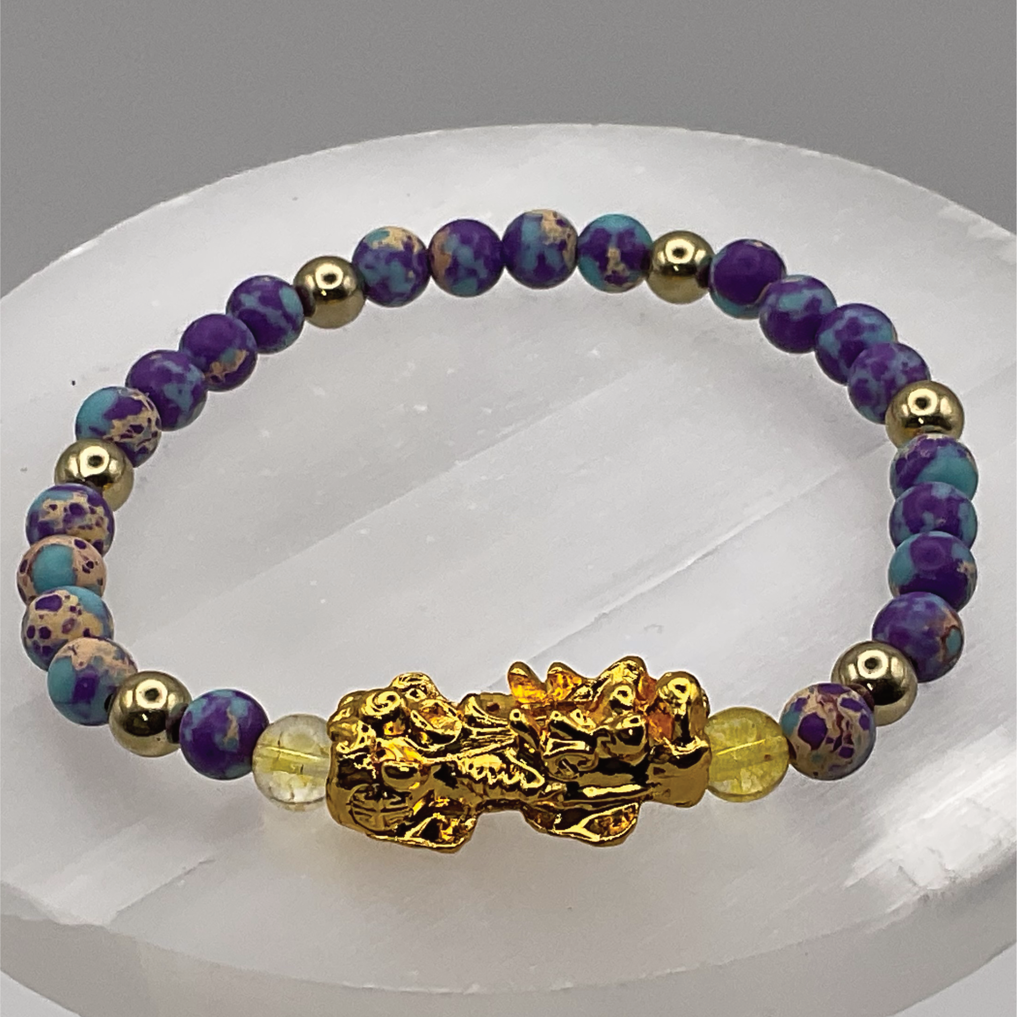 Imperial Jasper Pixiu Dragon Charm Bracelet with Gold Tone Spacers