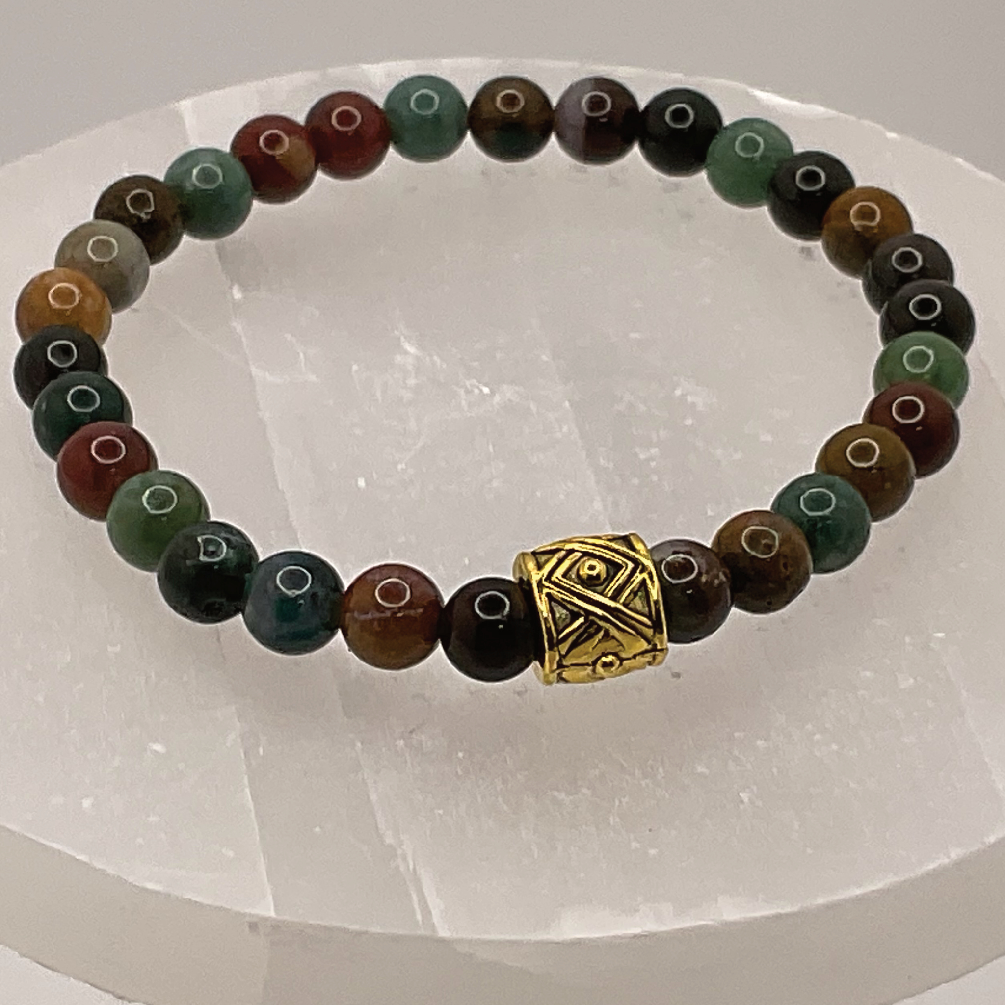 Polychrome Jasper Bracelet with Gold Tone Barrel Spacer