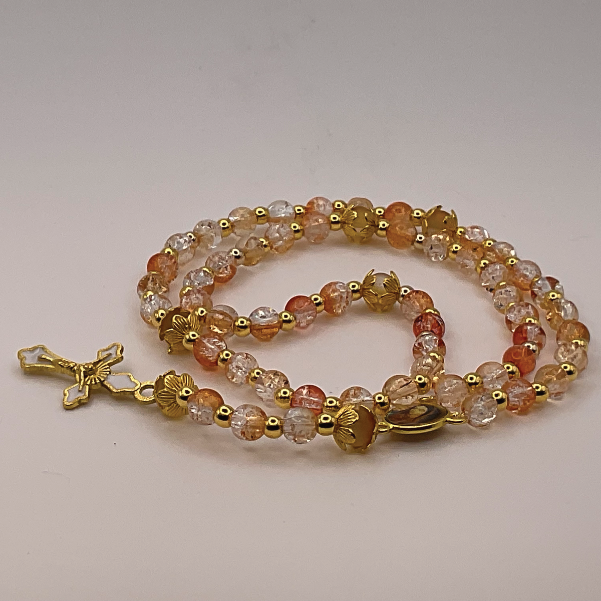 Clear Orange Small Full 5 Decade Gold Rosary