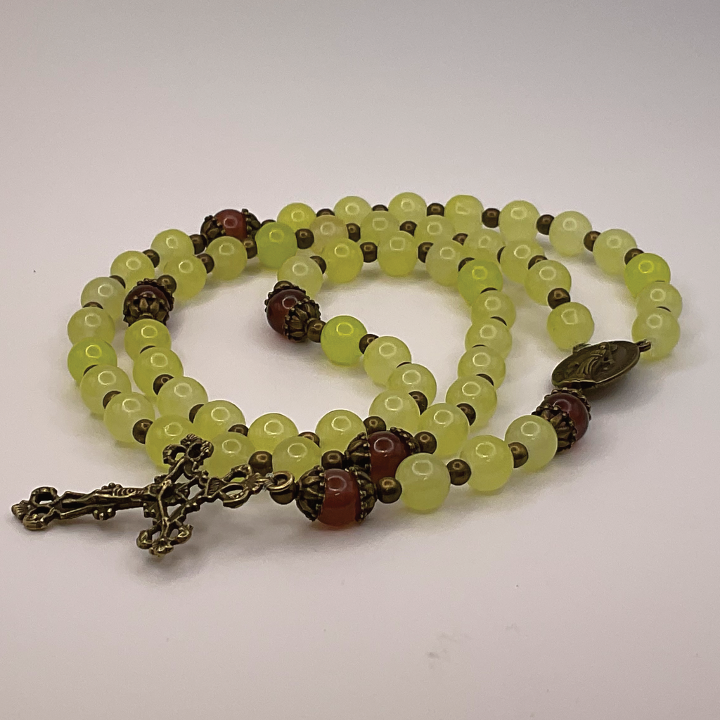 Lime Yellow Brown Spacer Full 5 Decade Bronze Rosary