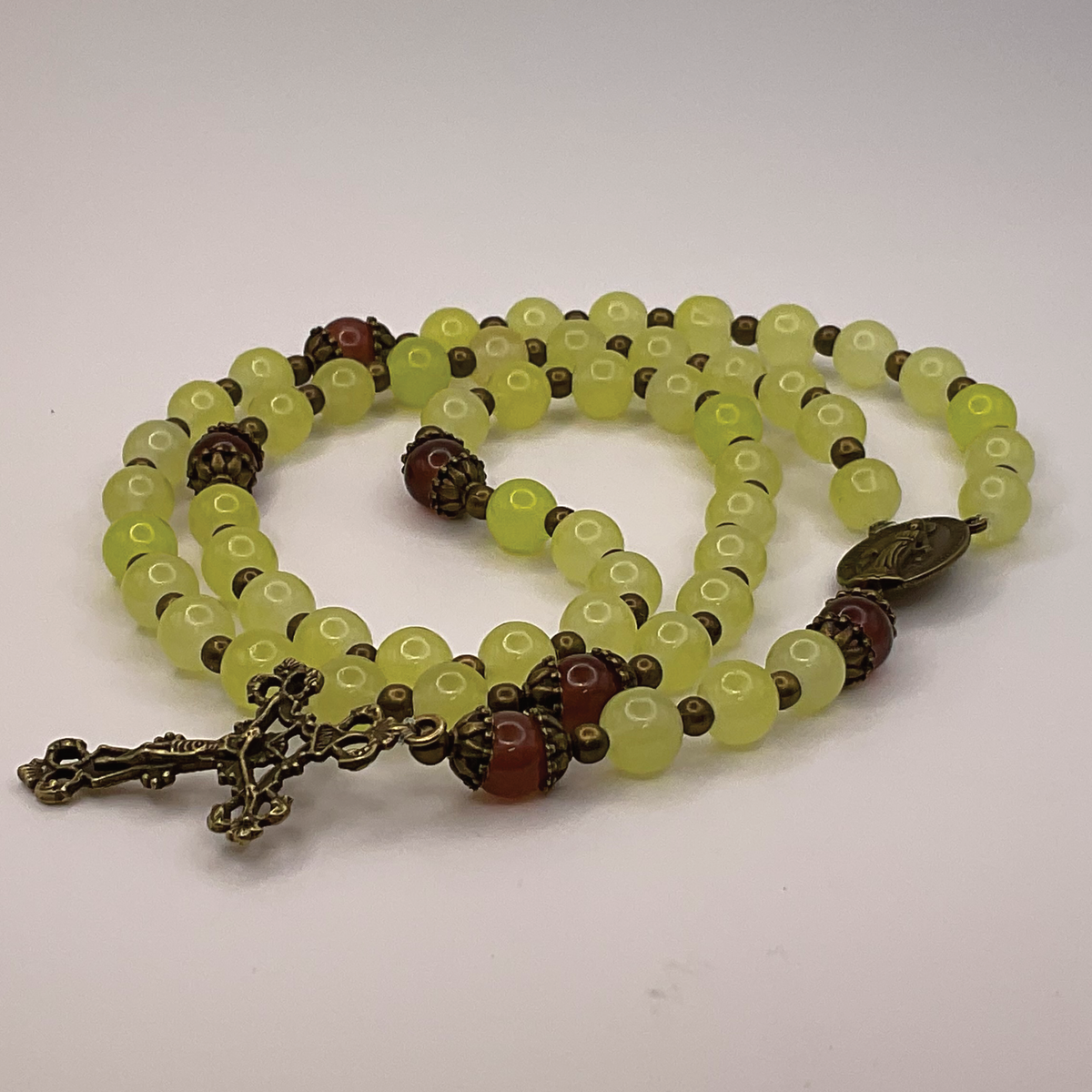 Lime Yellow Brown Spacer Full 5 Decade Bronze Rosary