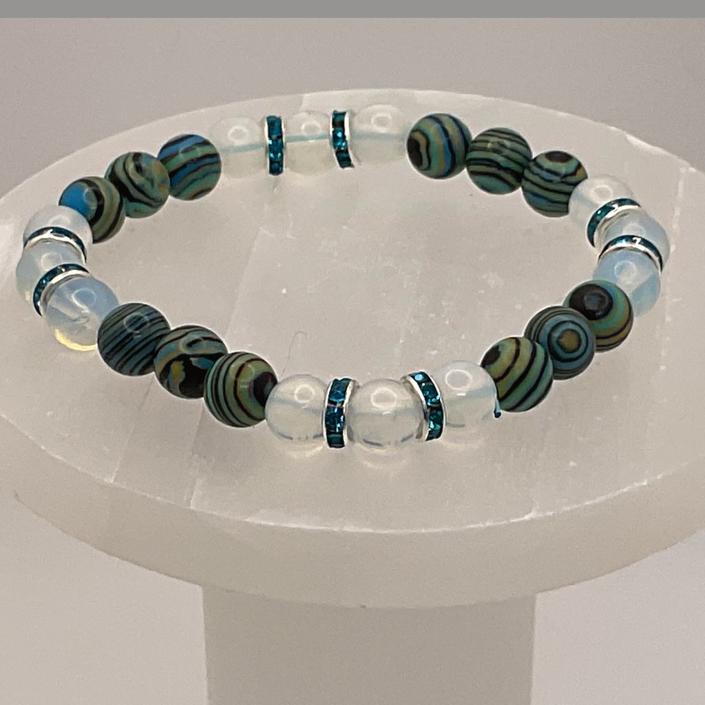 Opalite Calsilica Bracelet with Silver Blue Crystal Spacers