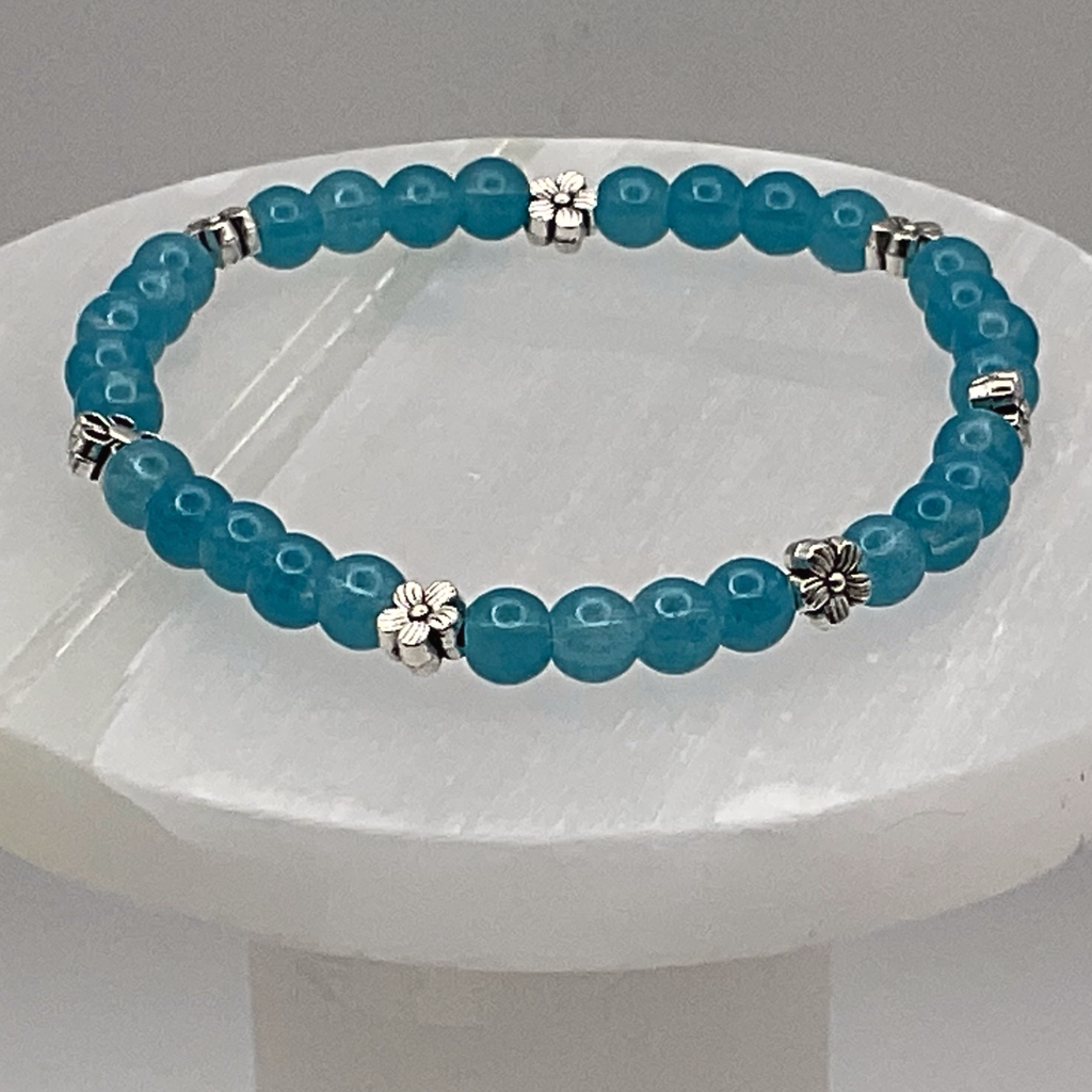 Teal Glass Bracelet with Silver Flower Spacers