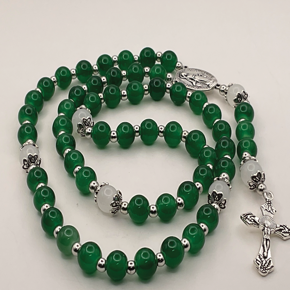 Green White Full 5 Decade Silver Rosary