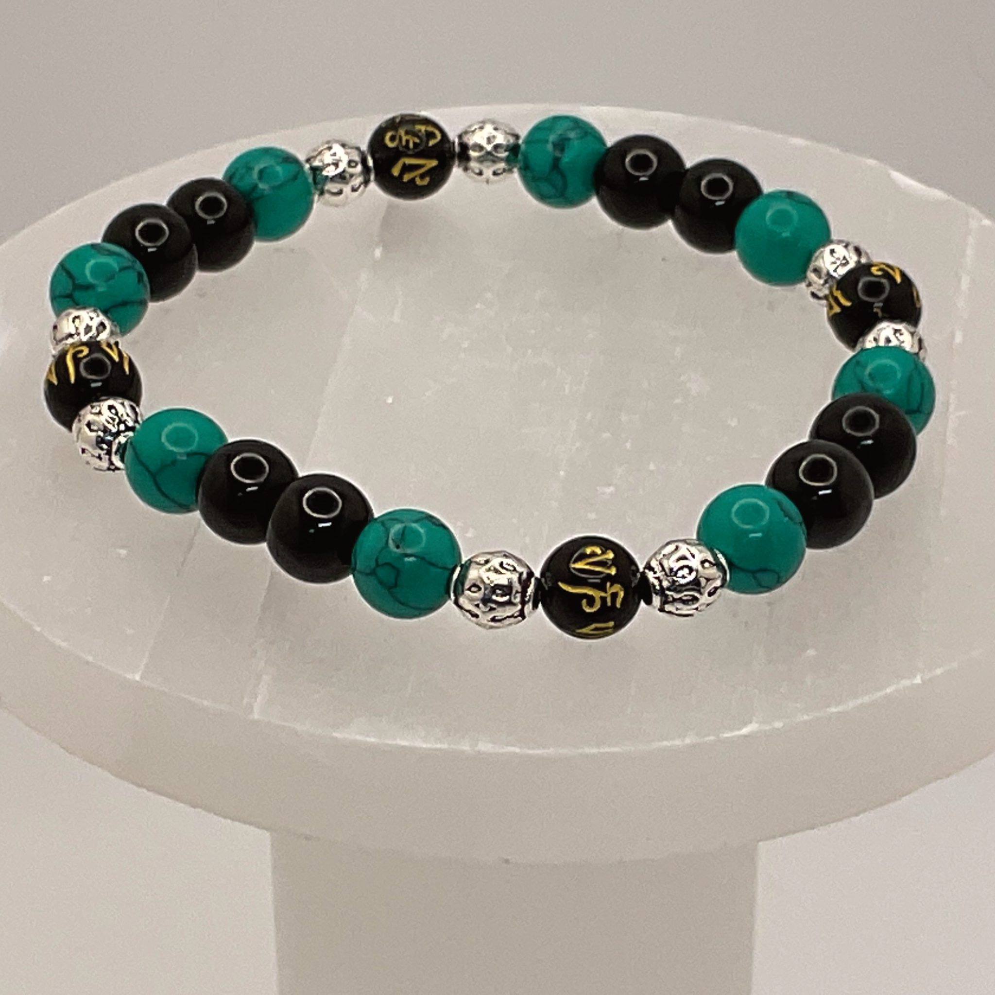 Green Howlite Black Agate Black Pixiu Bracelet with Silver Spacers