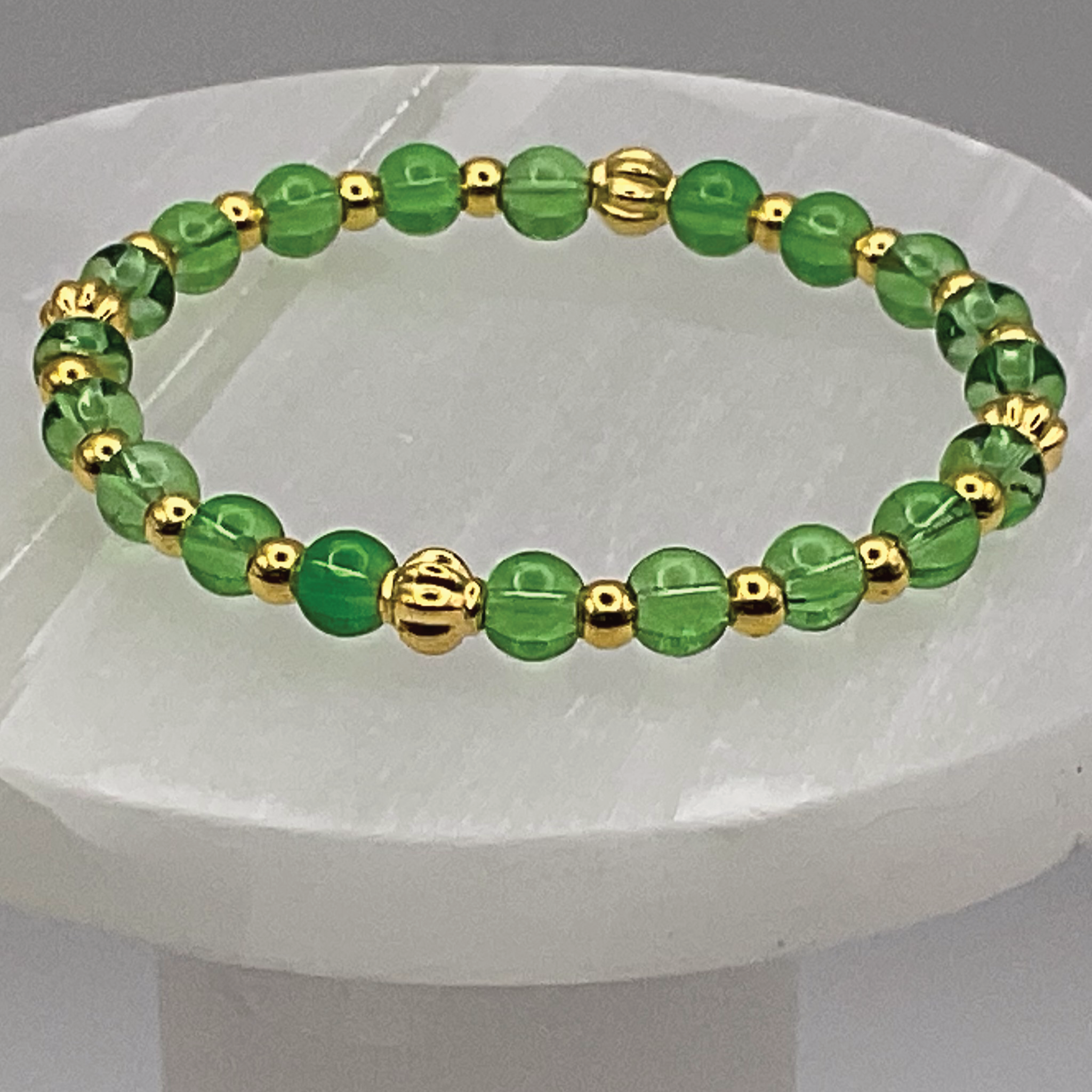 Green Glass Bracelet with Gold Spacers