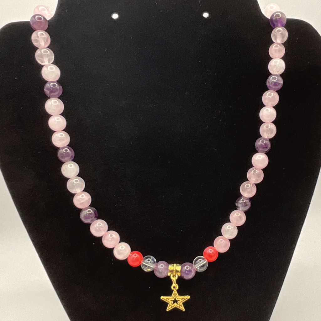 20" Pink Dragon Vein Agate Amethyst Clear Quartz Star Charm Necklace