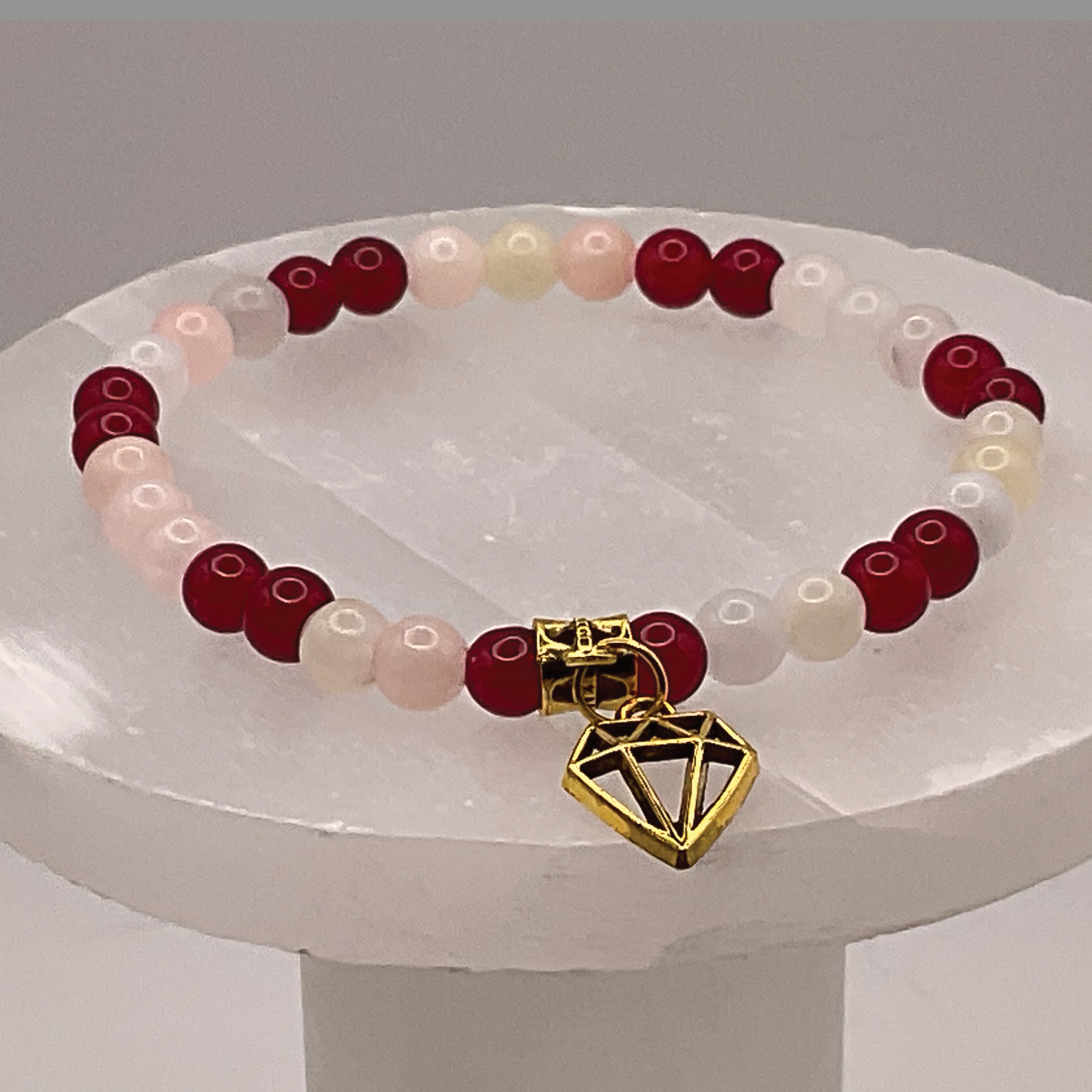 Red Dragon Vein Agate Pink Opal Diamond Charm Bracelet