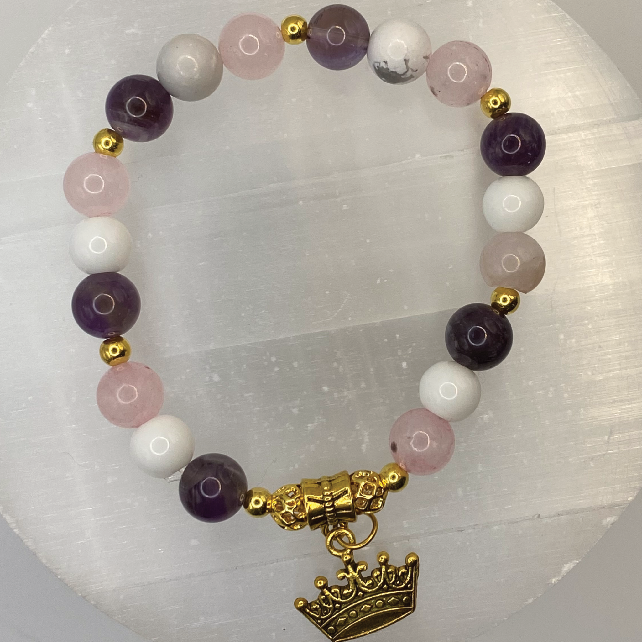 Amethyst Rose Quartz Howlite Crown Charm Bracelet with Gold Tone Spacers