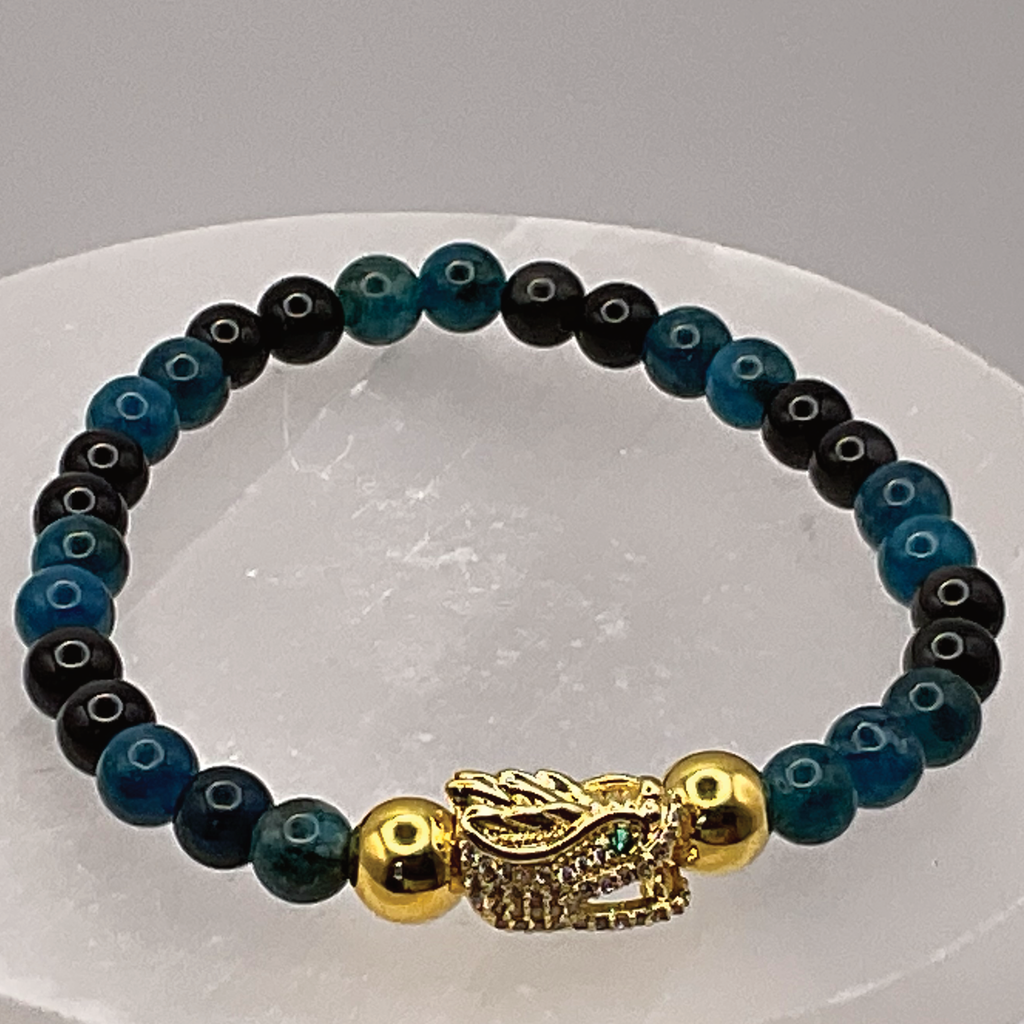 Blue Apatite Black Agate Dragon Charm Bracelet with Gold Tone Spacers