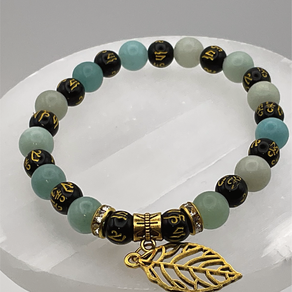 Green Chalcedony Pixiu Leaf Charm Bracelet with Gold Tone Spacers