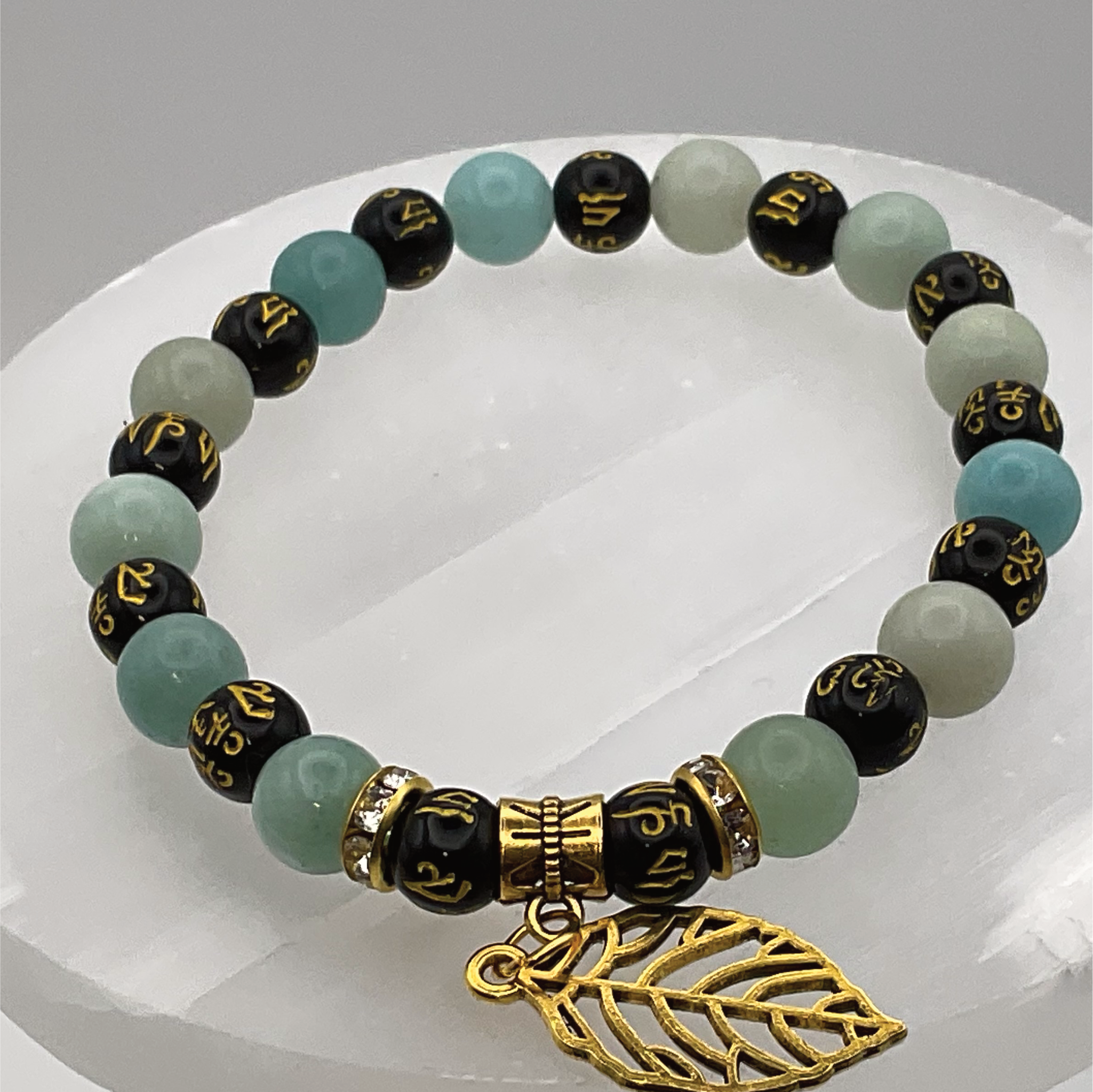 Green Chalcedony Pixiu Leaf Charm Bracelet with Gold Tone Spacers