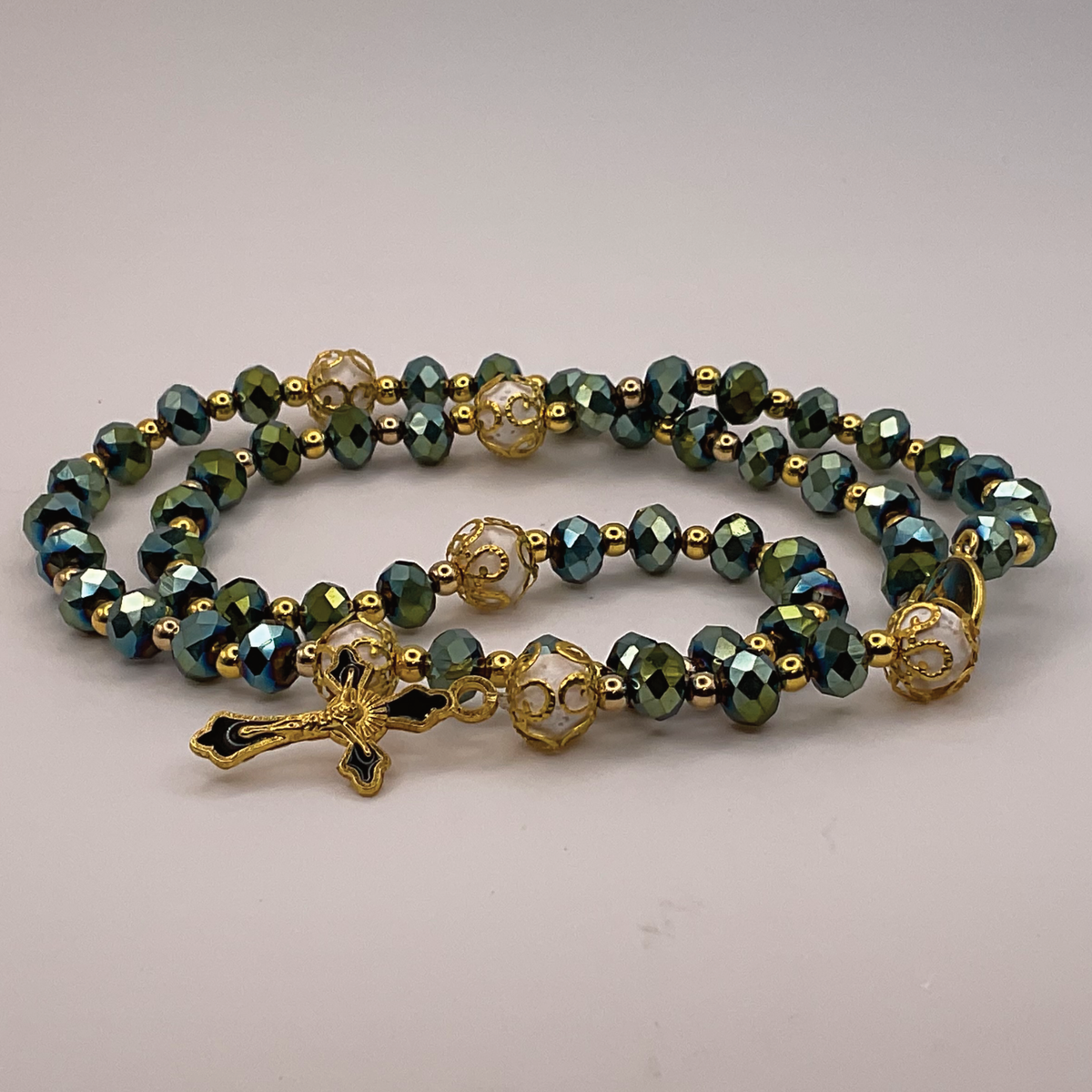 Green Faceted Full 5 Decade Gold Rosary