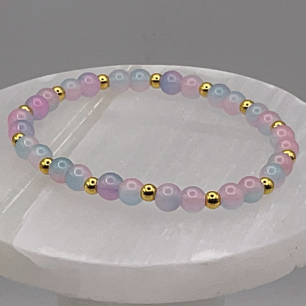 Blue Pink Glass Bracelet with Gold Spacers