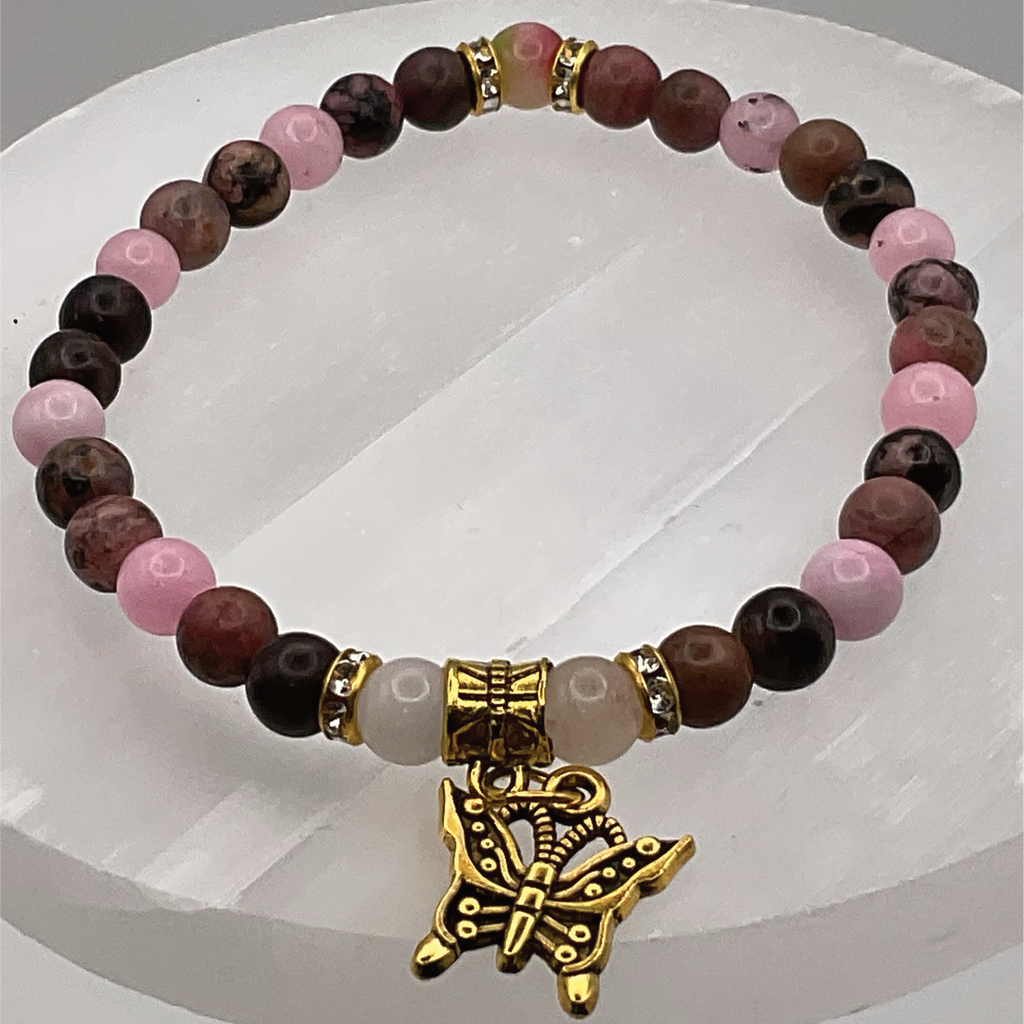 Pink Rhodonite Rose Quartz Butterfly Charm Bracelet with Crystal Spacers