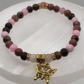 Pink Rhodonite Rose Quartz Butterfly Charm Bracelet with Crystal Spacers