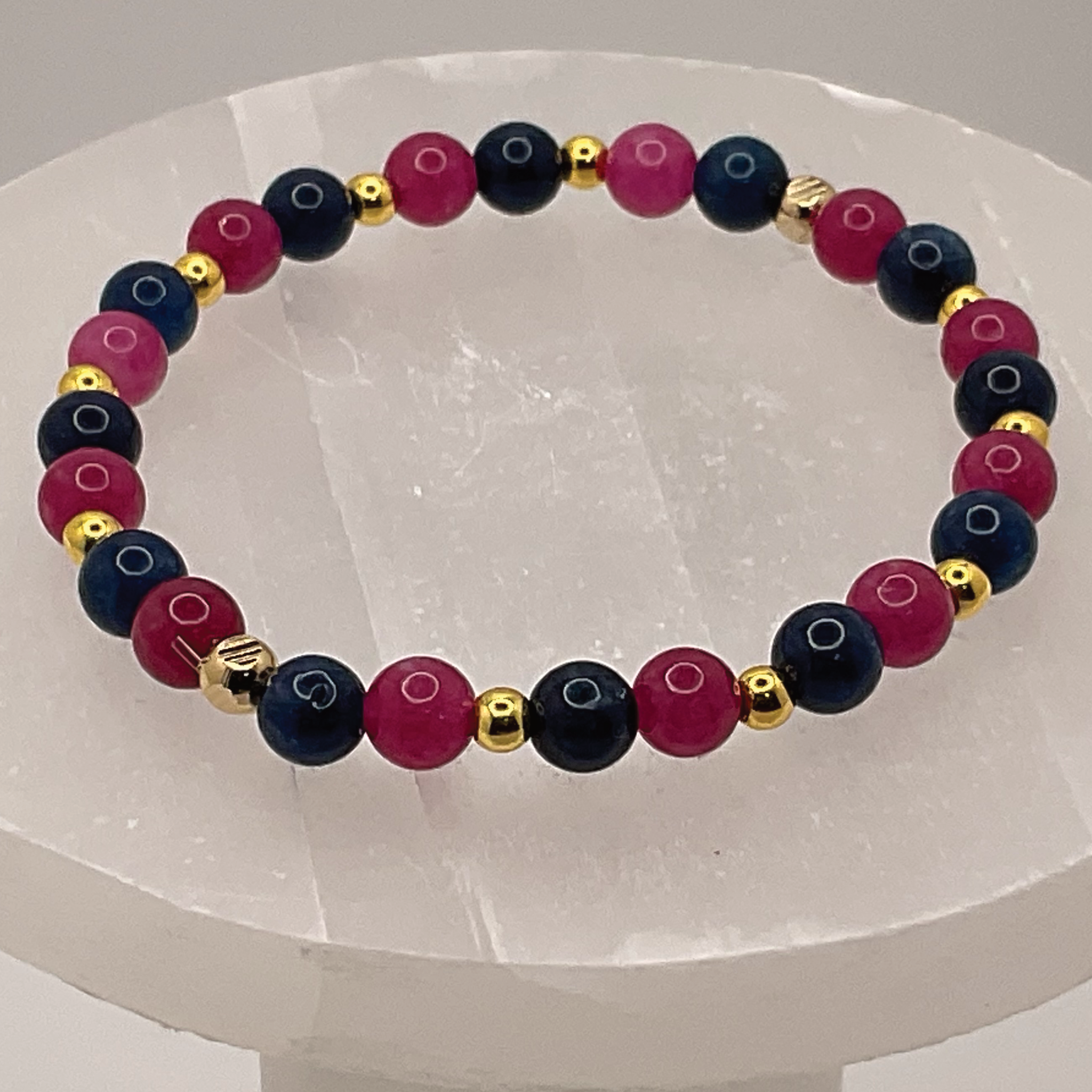 Pink and Blue Dragon Vein Agate Bracelet with Gold Tone Spacers