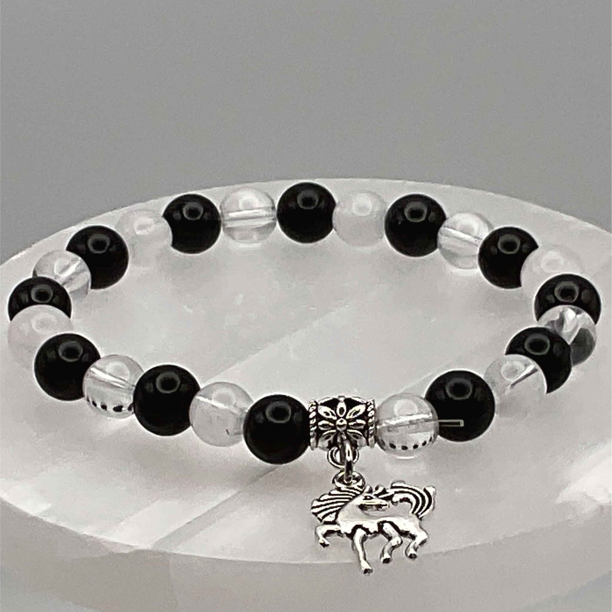 Clear Quartz Onyx Horse Charm Bracelet