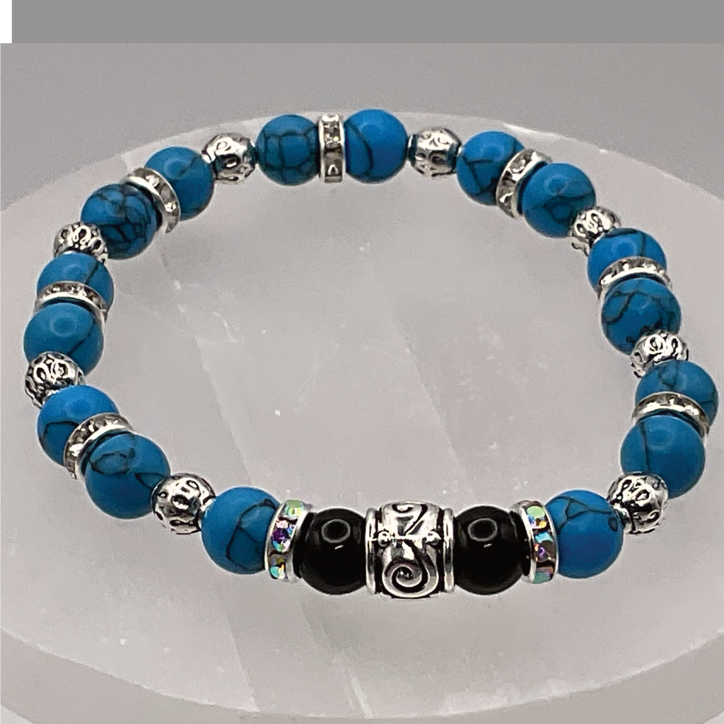 Blue Howlite Black Agate with Silver Tone Spacers