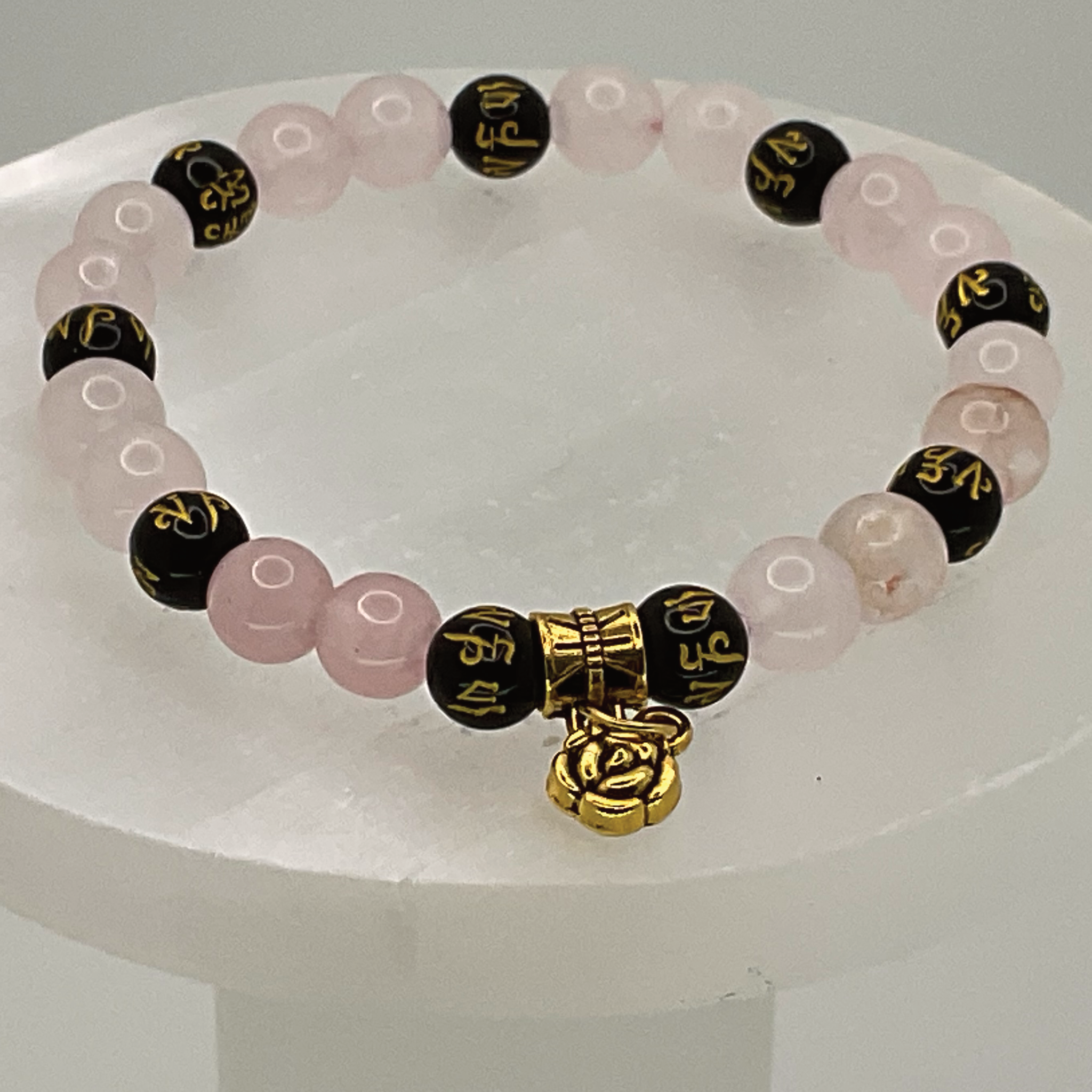 Rose Quartz Black Pixiu Blossom Charm Bracelet