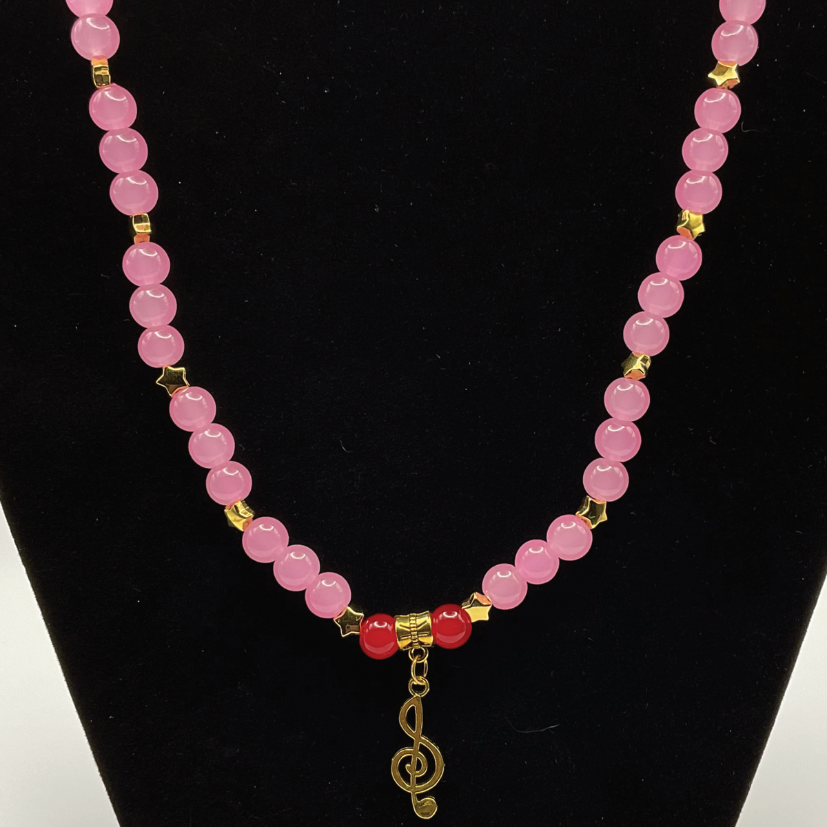 18" Light Pink Red Music Charm Glass Necklace with Gold Star Spacers