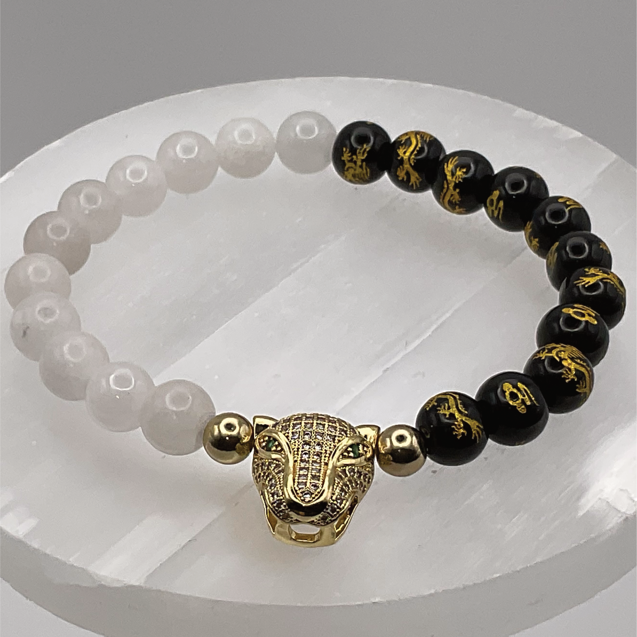 Selenite Black Onyx Pixiu Bracelet with Gold Tone Panther Charm