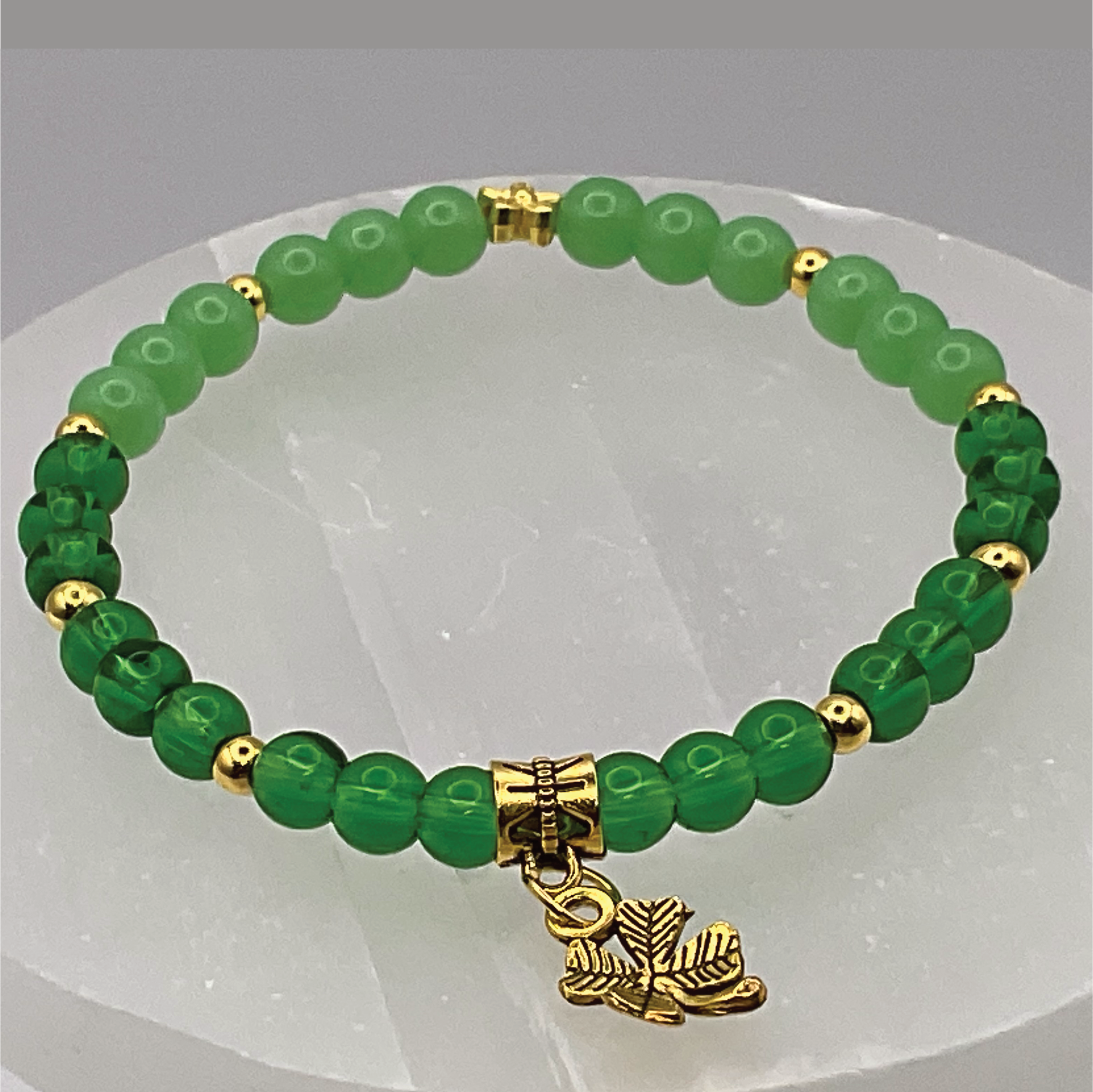 Green Chalcedony Green Sea Glass Clover Charm Bracelet with Gold Tone Spacers