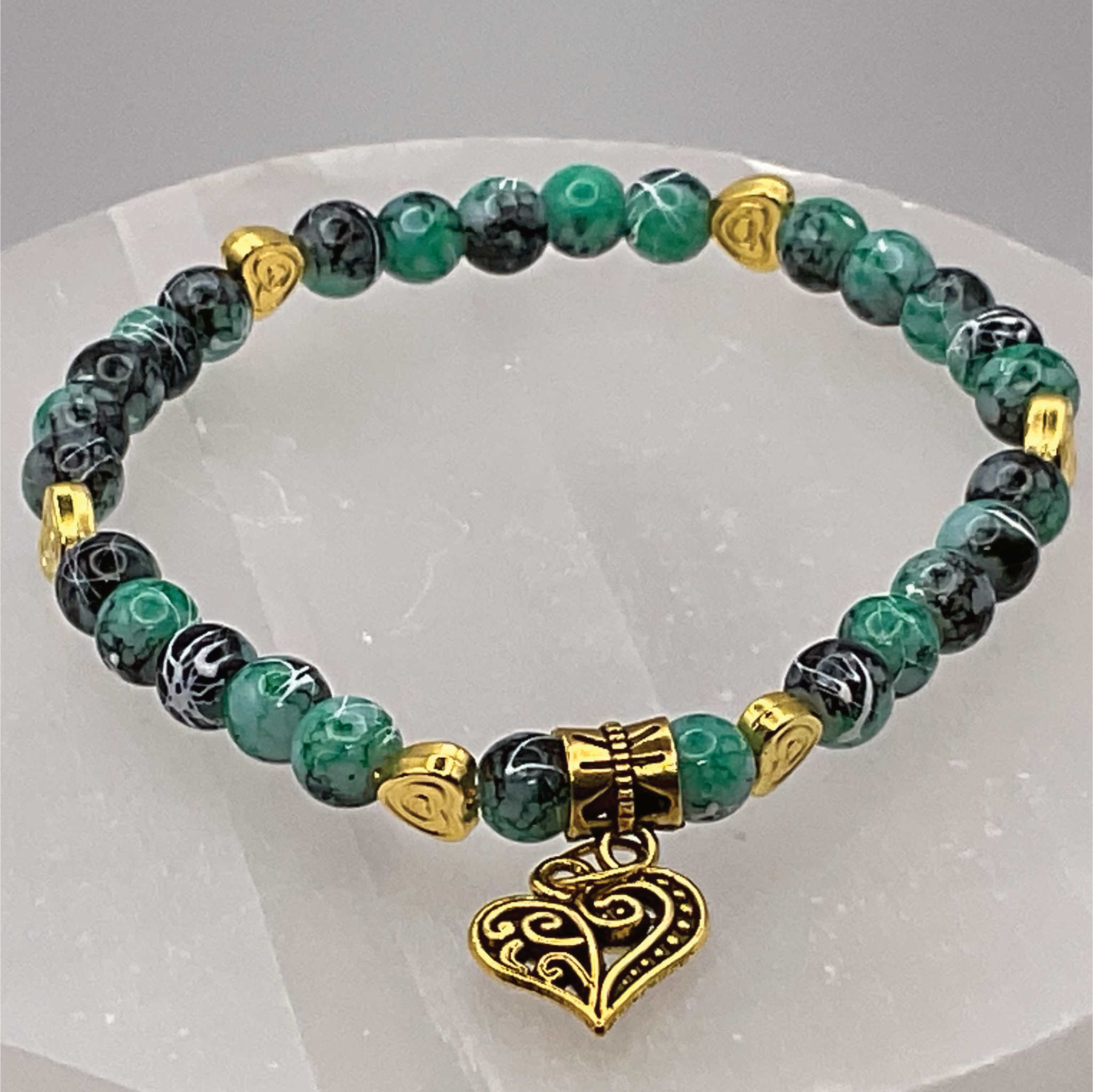 Green Dragonvein Agate Heart Charm with Gold Tone Heart Spacers