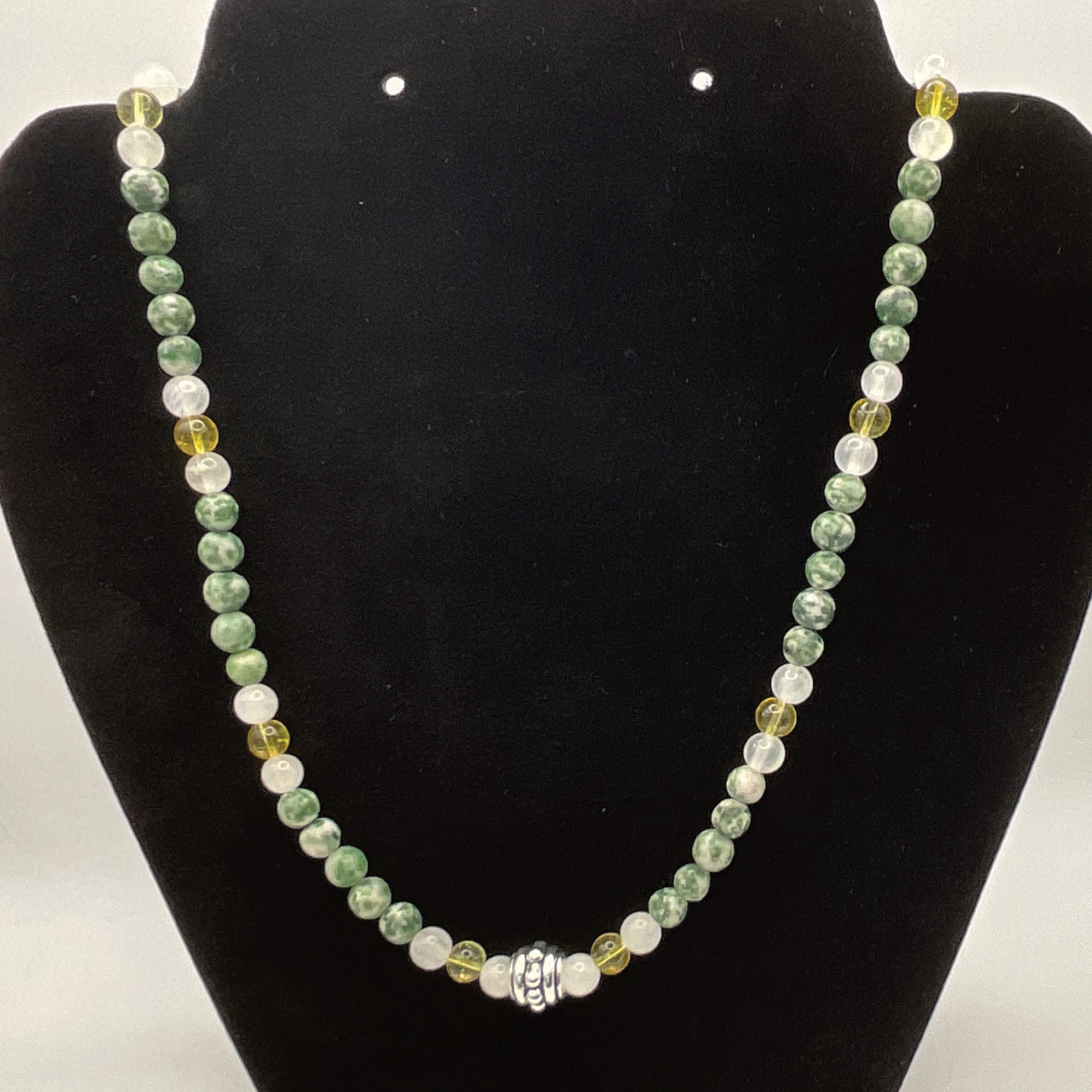 22" Tree Agate Milky Quartz Citrine Necklace with Silver Tone Spacers