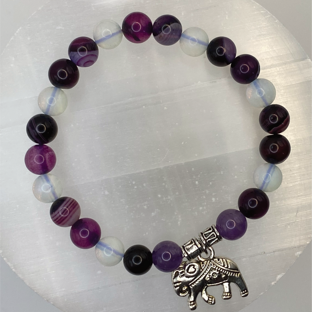 Opalite Amethyst Purple Dragon Vein Agate Elephant Charm Bracelet