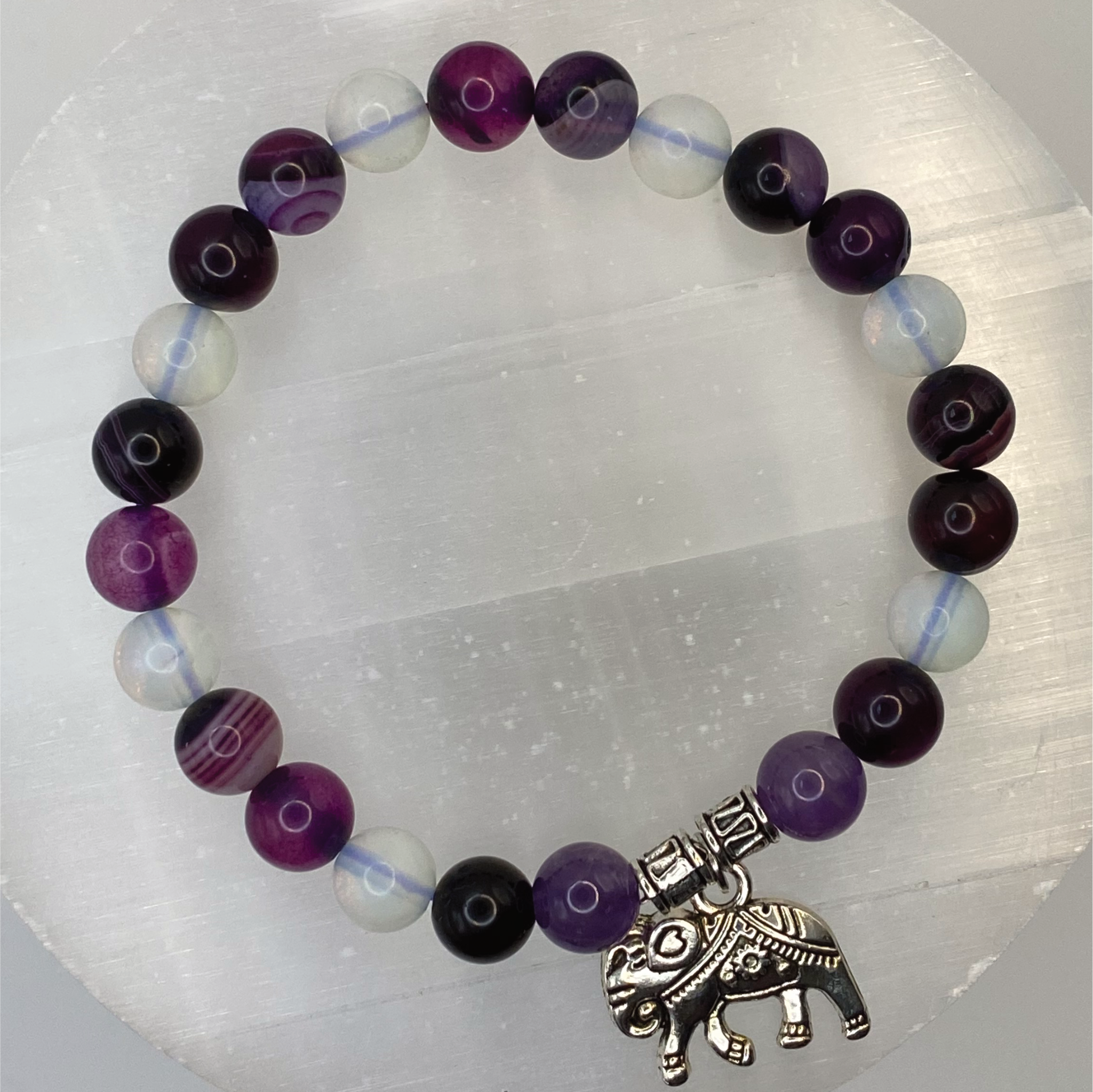 Opalite Amethyst Purple Dragon Vein Agate Elephant Charm Bracelet