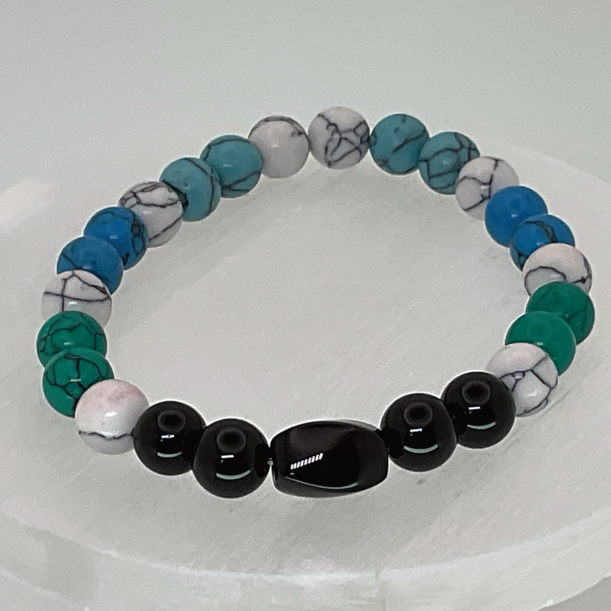 Pulsera de Piedras de Obsidiana Lágrimas Apache, Ágata Negra, Howlita Azul y Cielo Verde
