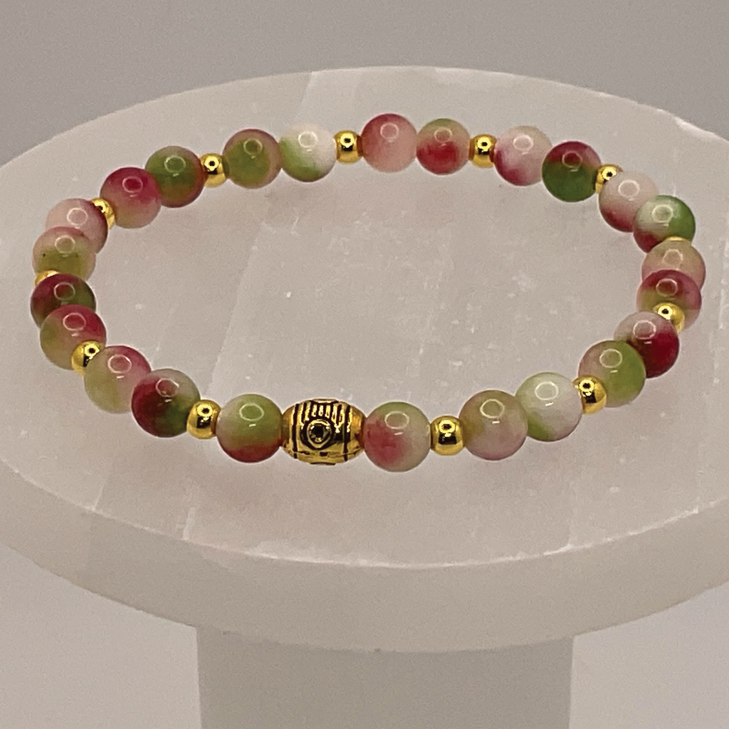 Watermelon Agate Bracelet with Gold Spacers