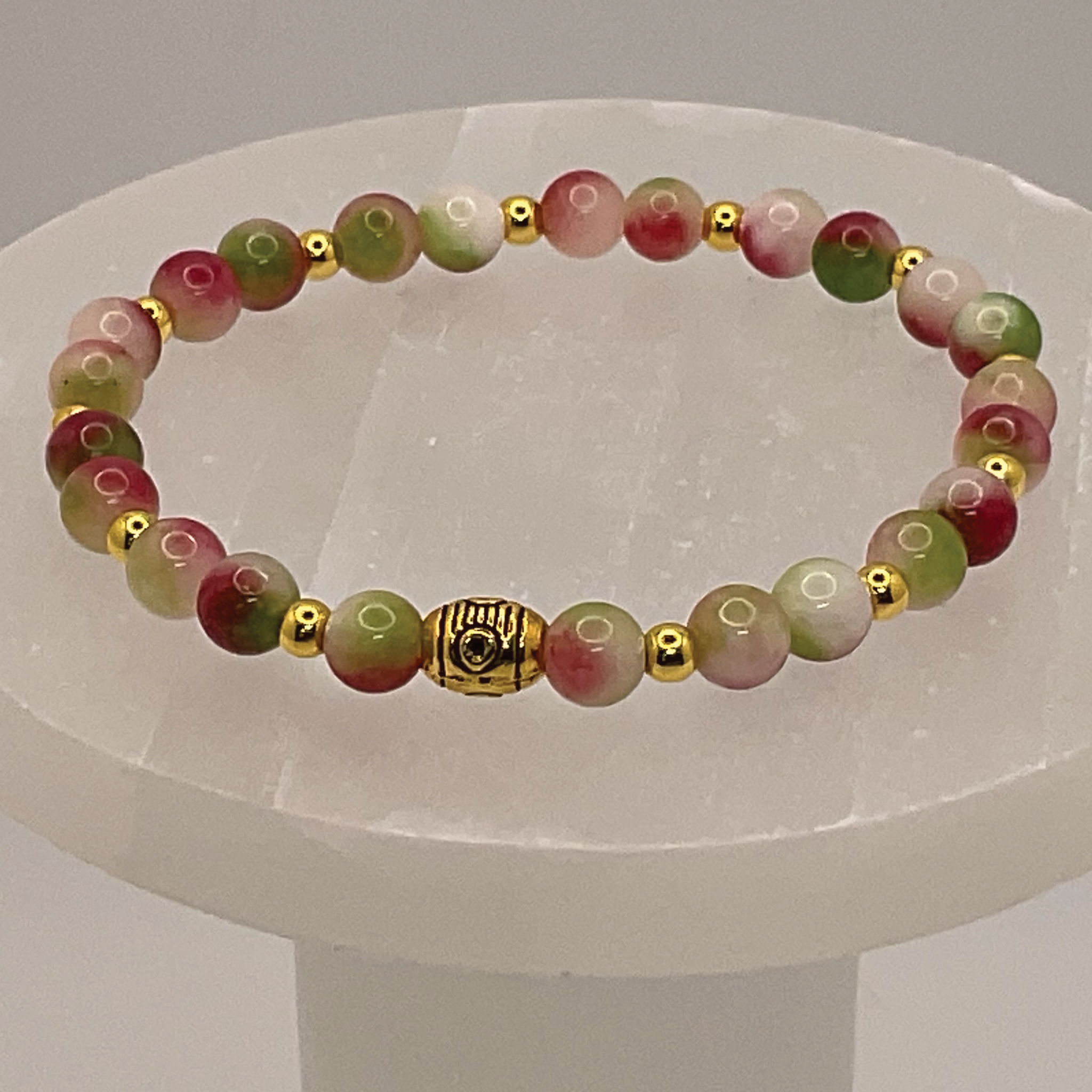 Watermelon Agate Bracelet with Gold Spacers