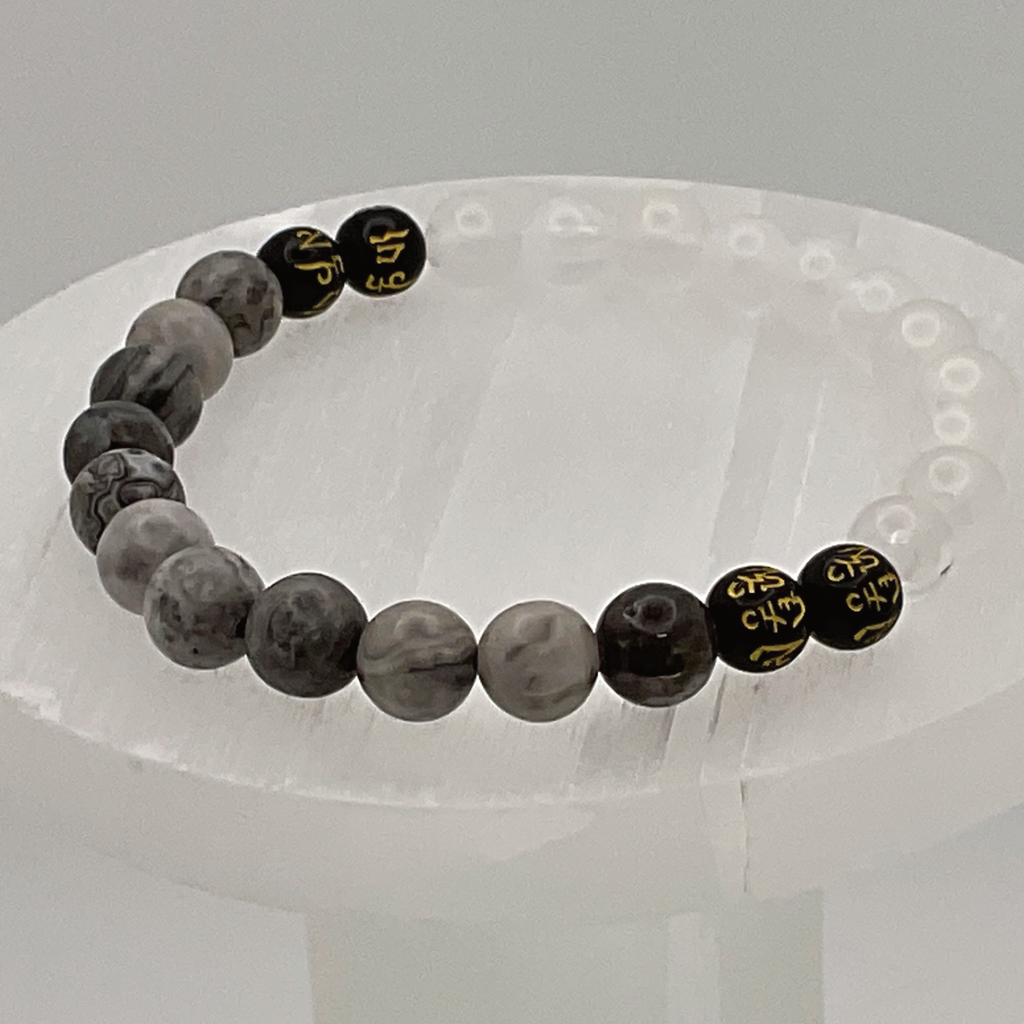 Pulsera Pixiu de Magnesita Gris, Cuarzo Nuboso y Ágata Negra