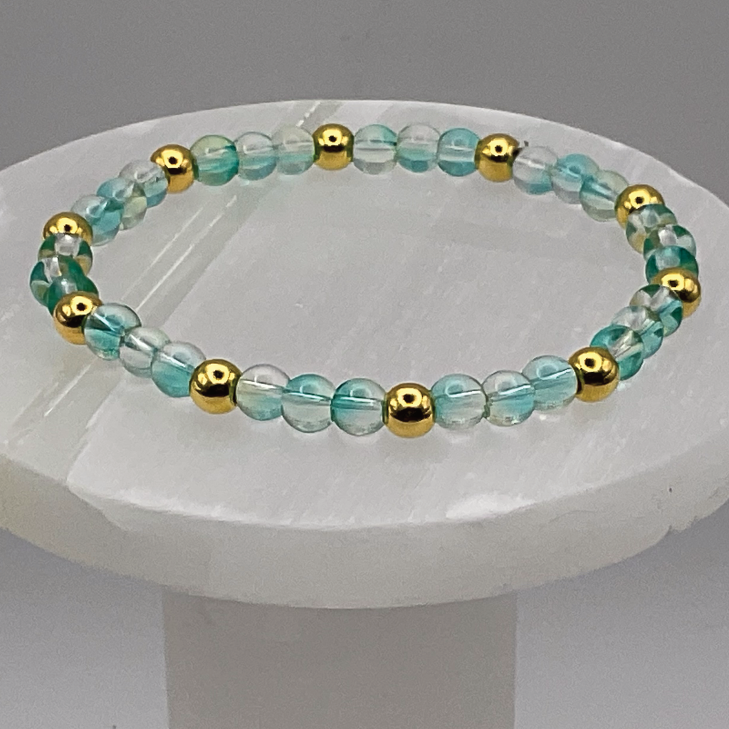 Teal Clear Glass Bracelet with Gold Spacers