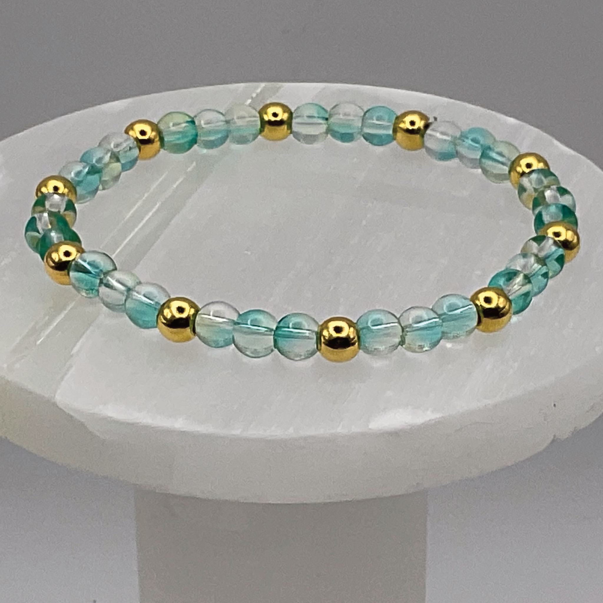 Teal Clear Glass Bracelet with Gold Spacers