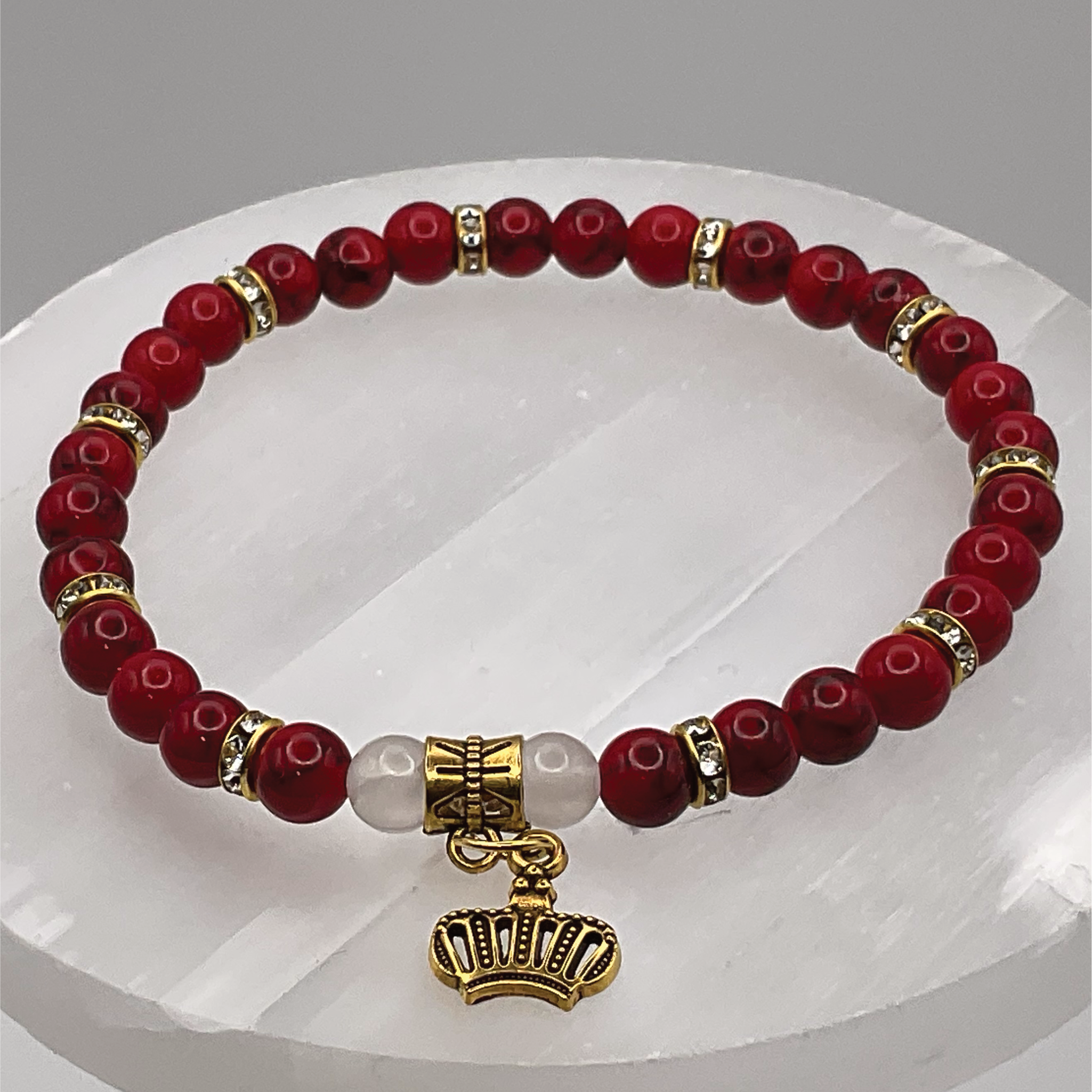 Red Turquoise Selenite Royal Charm Bracelet with Crystal Spacers