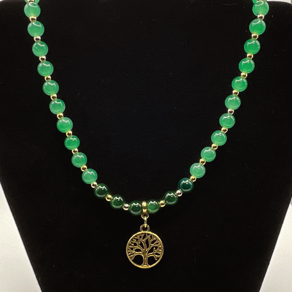 22" Multi-Green Tree of Life Charm Glass Necklace