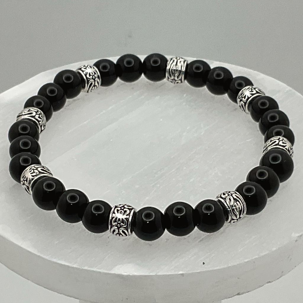 Black Agate Bracelet with Silver Spacers