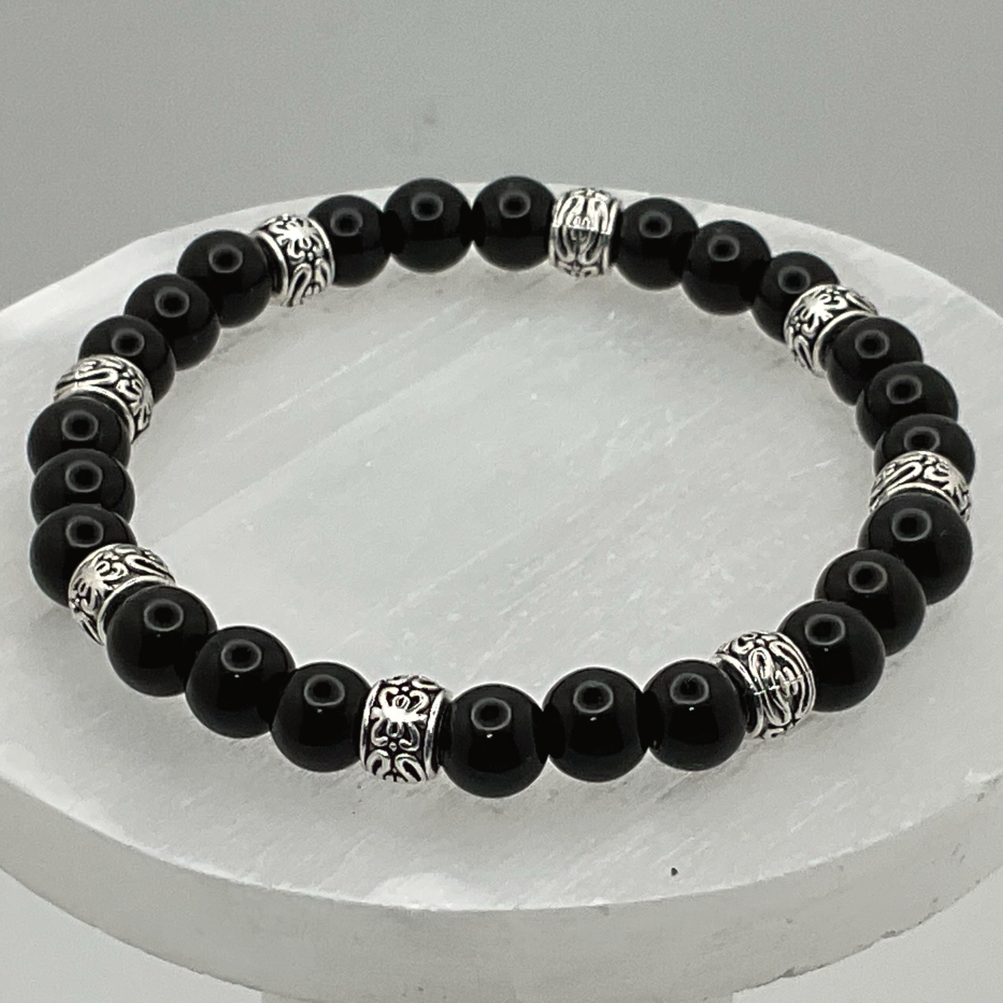 Black Agate Bracelet with Silver Spacers