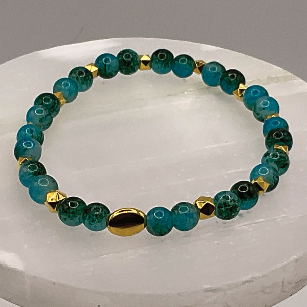 Blue Green Glass Bracelet with Gold Disc Spacers