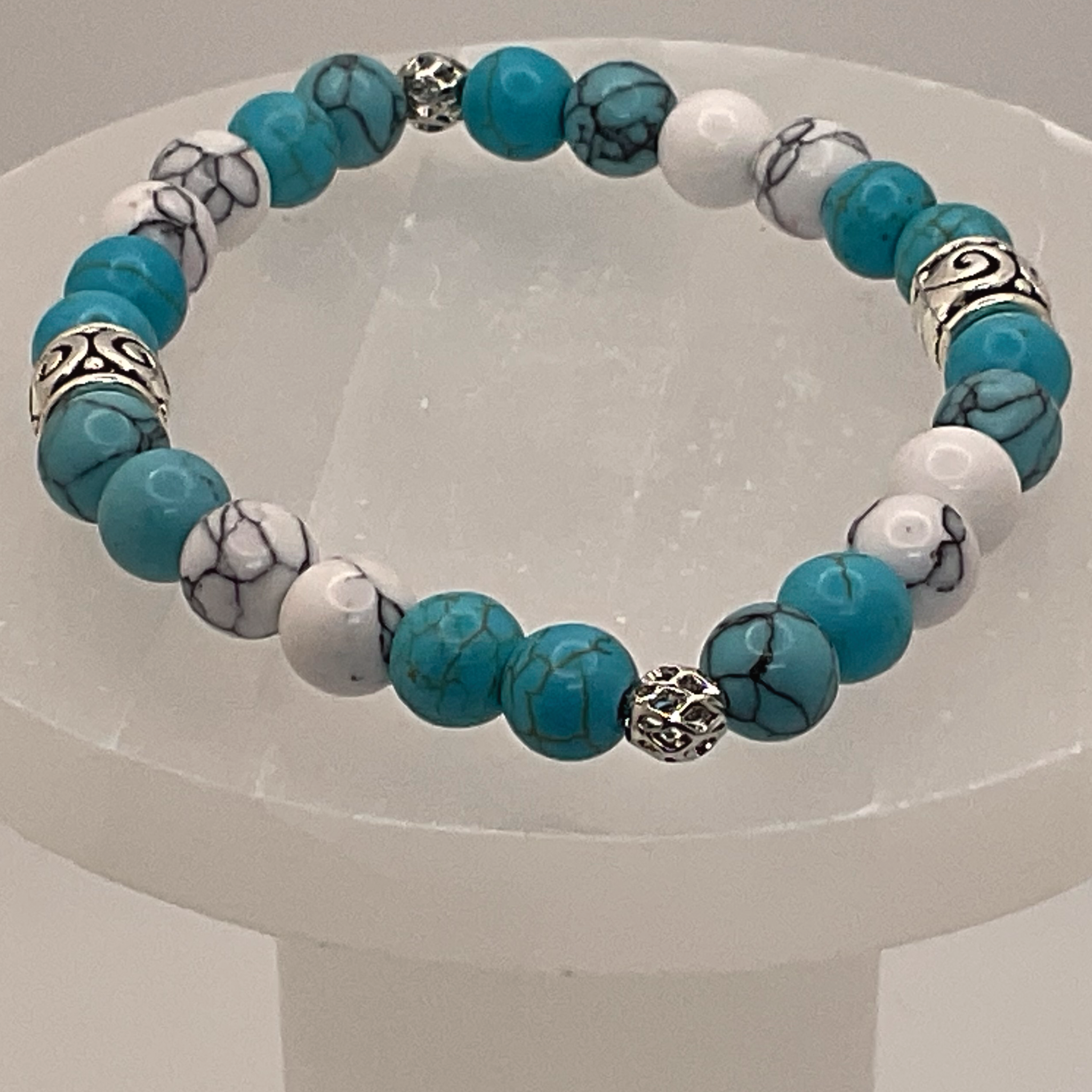 Blue White Howlite Bracelet with Silver Cage and Barrel Spacers