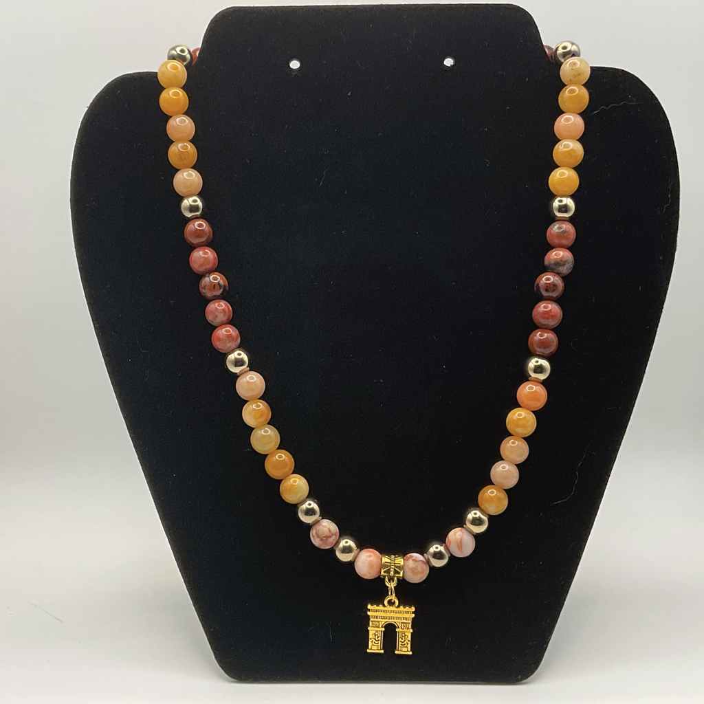 18" Oriental Agate Brecciated Jasper Hematite Arc de Triomphe Charm Necklace