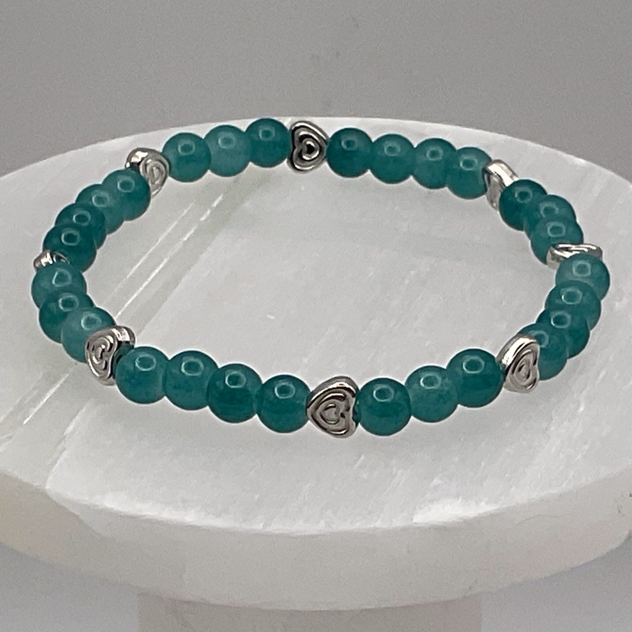 Teal Glass Bracelet with Silver Heart Spacers