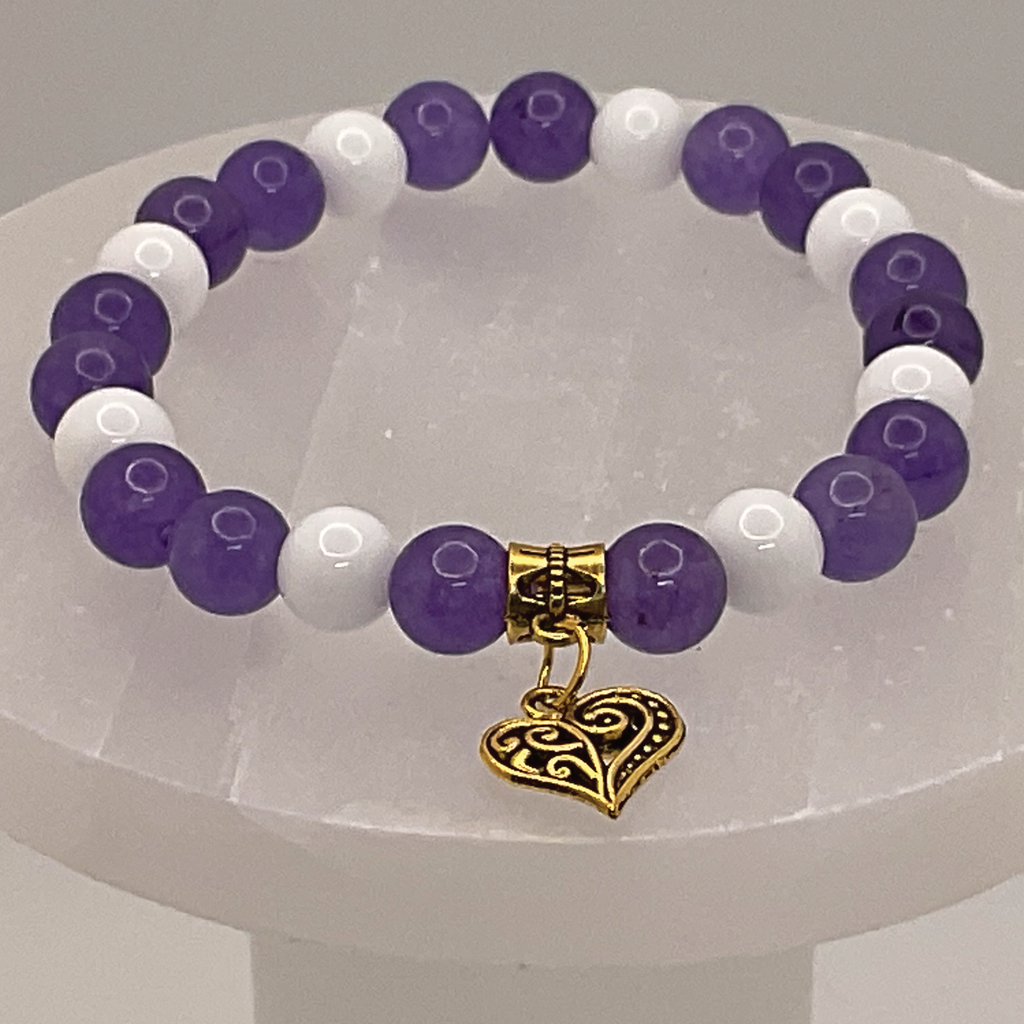 Milky Quartz Amethyst Heart Charm Bracelet