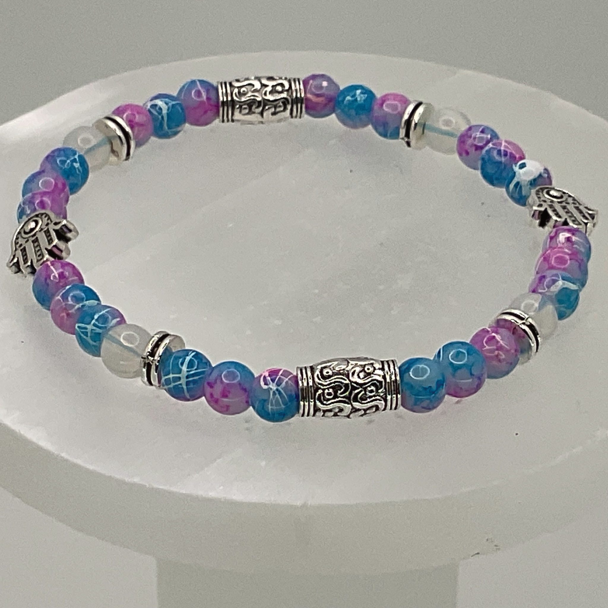 Blue and Pink Dragon Vein Agate Bracelet with Silver Spacers