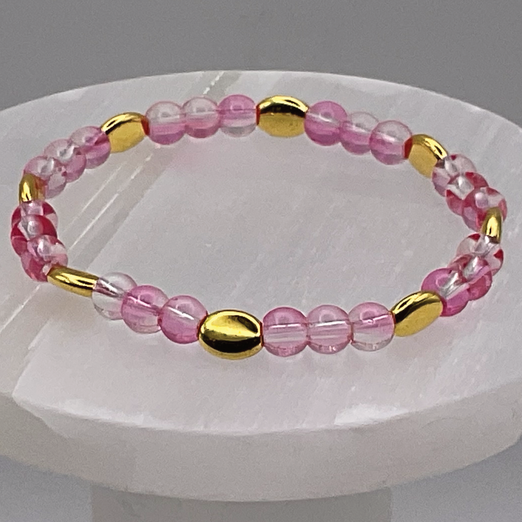 Pink Clear Glass Bracelet with Gold Disc Spacers